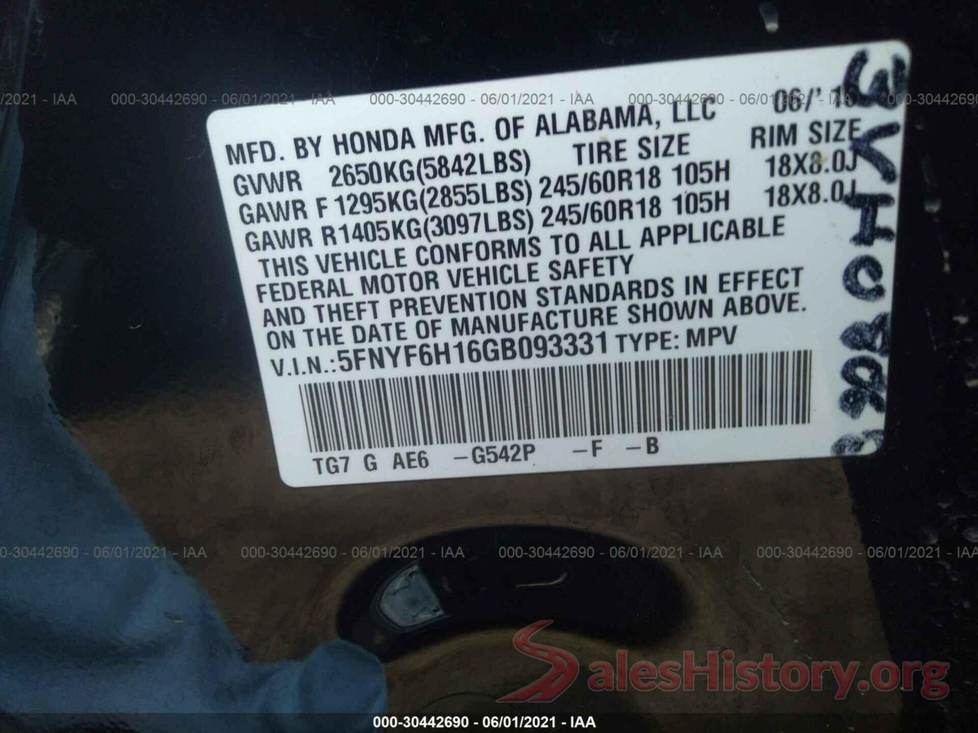 5FNYF6H16GB093331 2016 HONDA PILOT