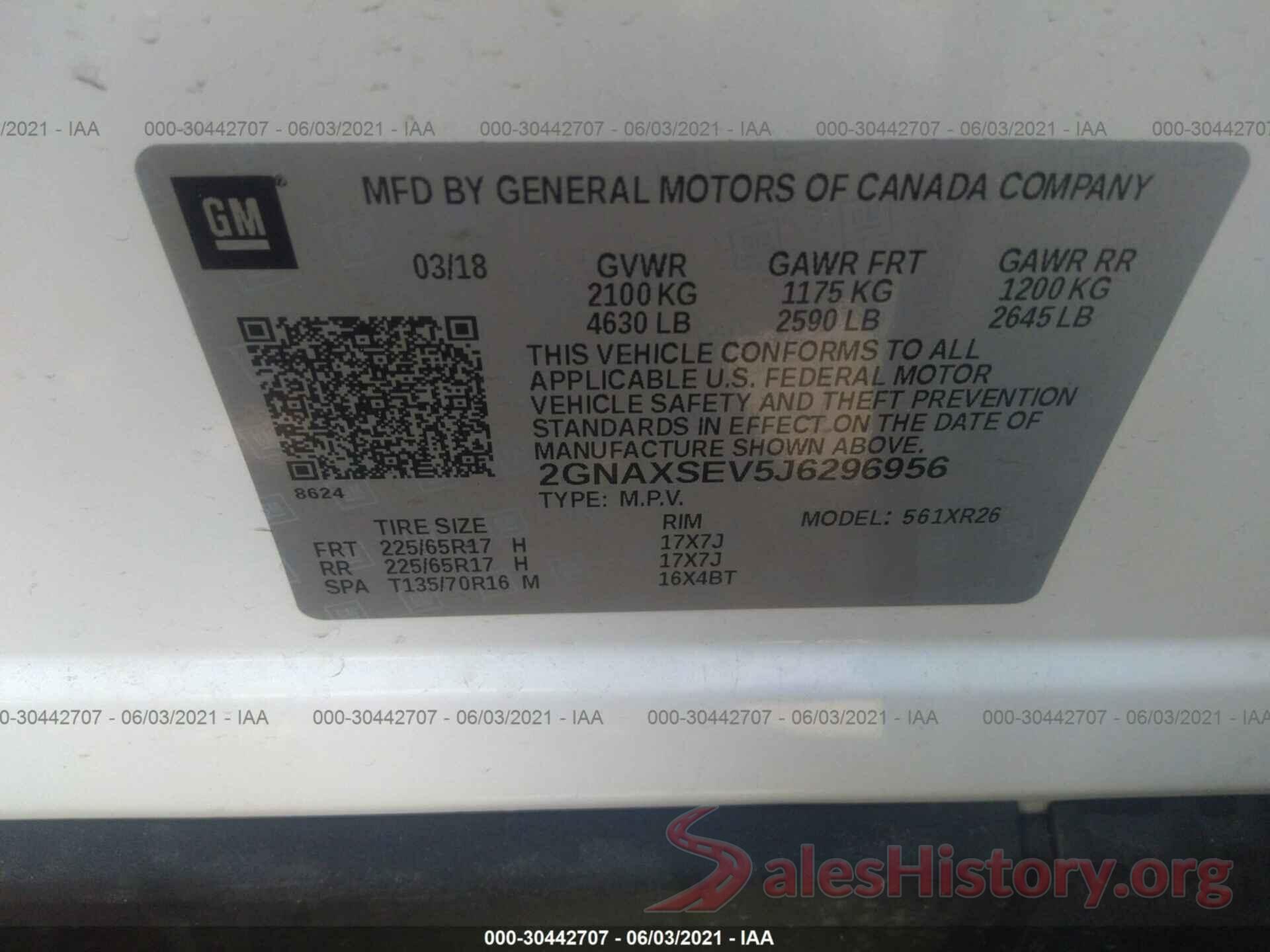 2GNAXSEV5J6296956 2018 CHEVROLET EQUINOX