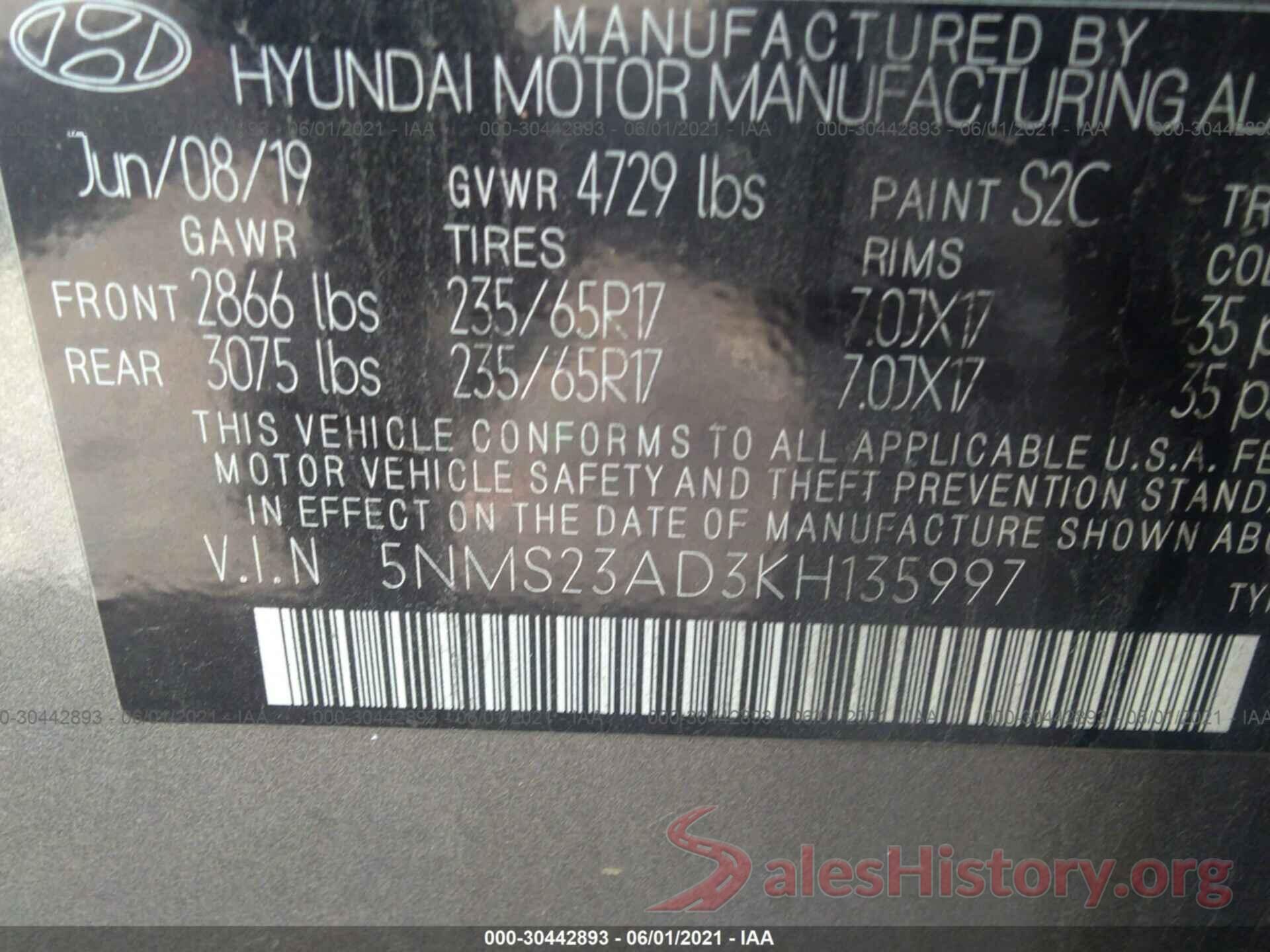 5NMS23AD3KH135997 2019 HYUNDAI SANTA FE