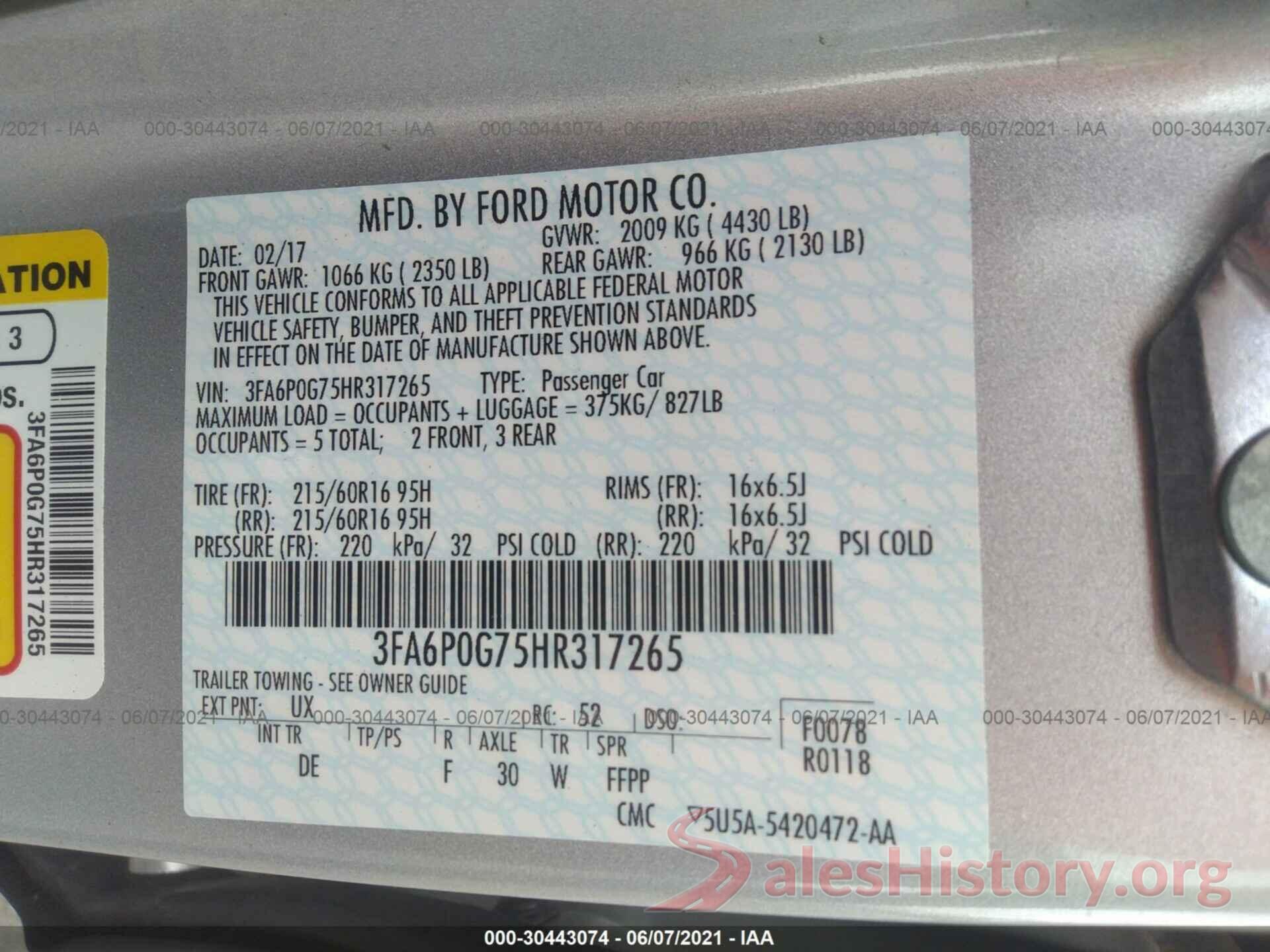 3FA6P0G75HR317265 2017 FORD FUSION