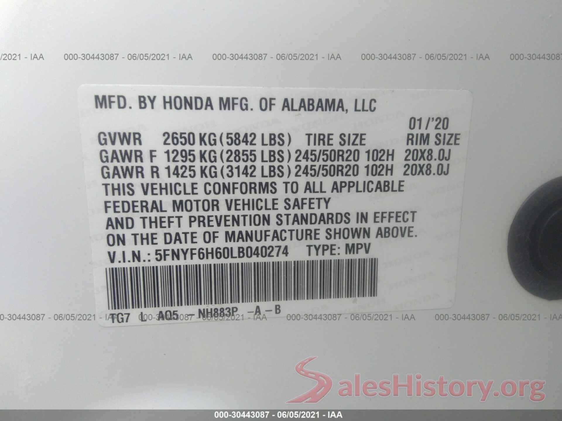 5FNYF6H60LB040274 2020 HONDA PILOT