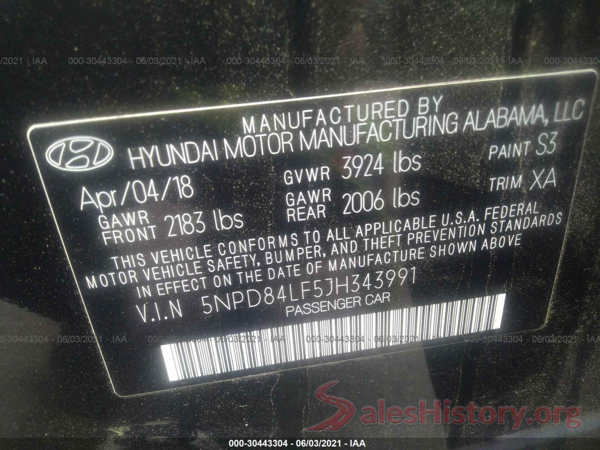 5NPD84LF5JH343991 2018 HYUNDAI ELANTRA