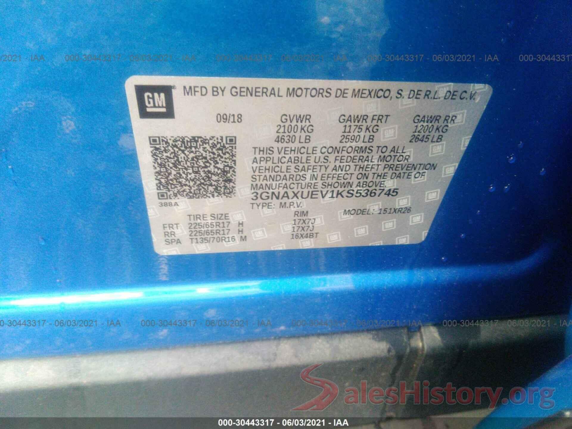 3GNAXUEV1KS536745 2019 CHEVROLET EQUINOX