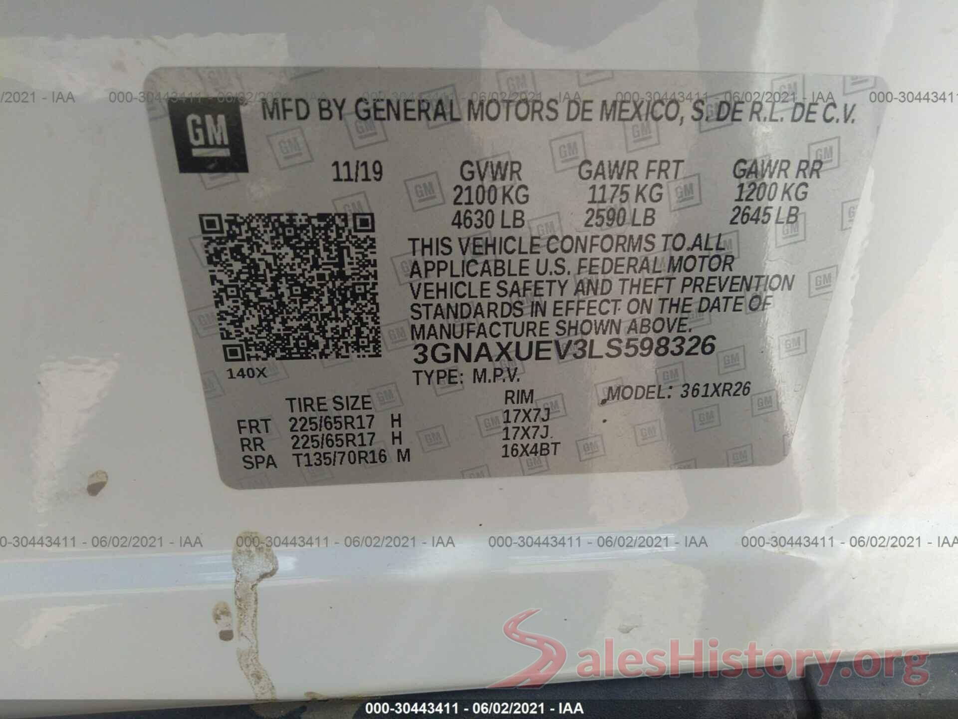 3GNAXUEV3LS598326 2020 CHEVROLET EQUINOX