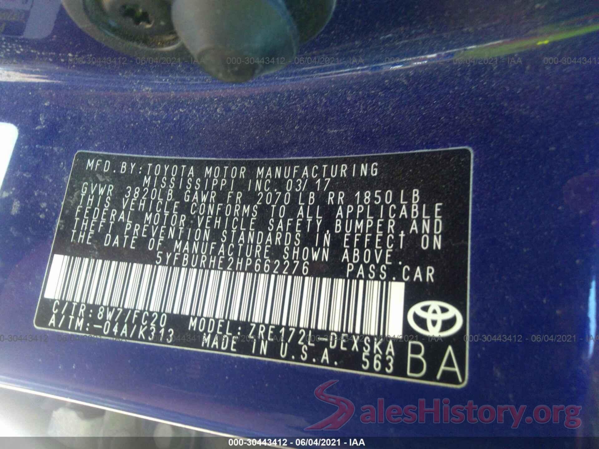 5YFBURHE2HP662276 2017 TOYOTA COROLLA