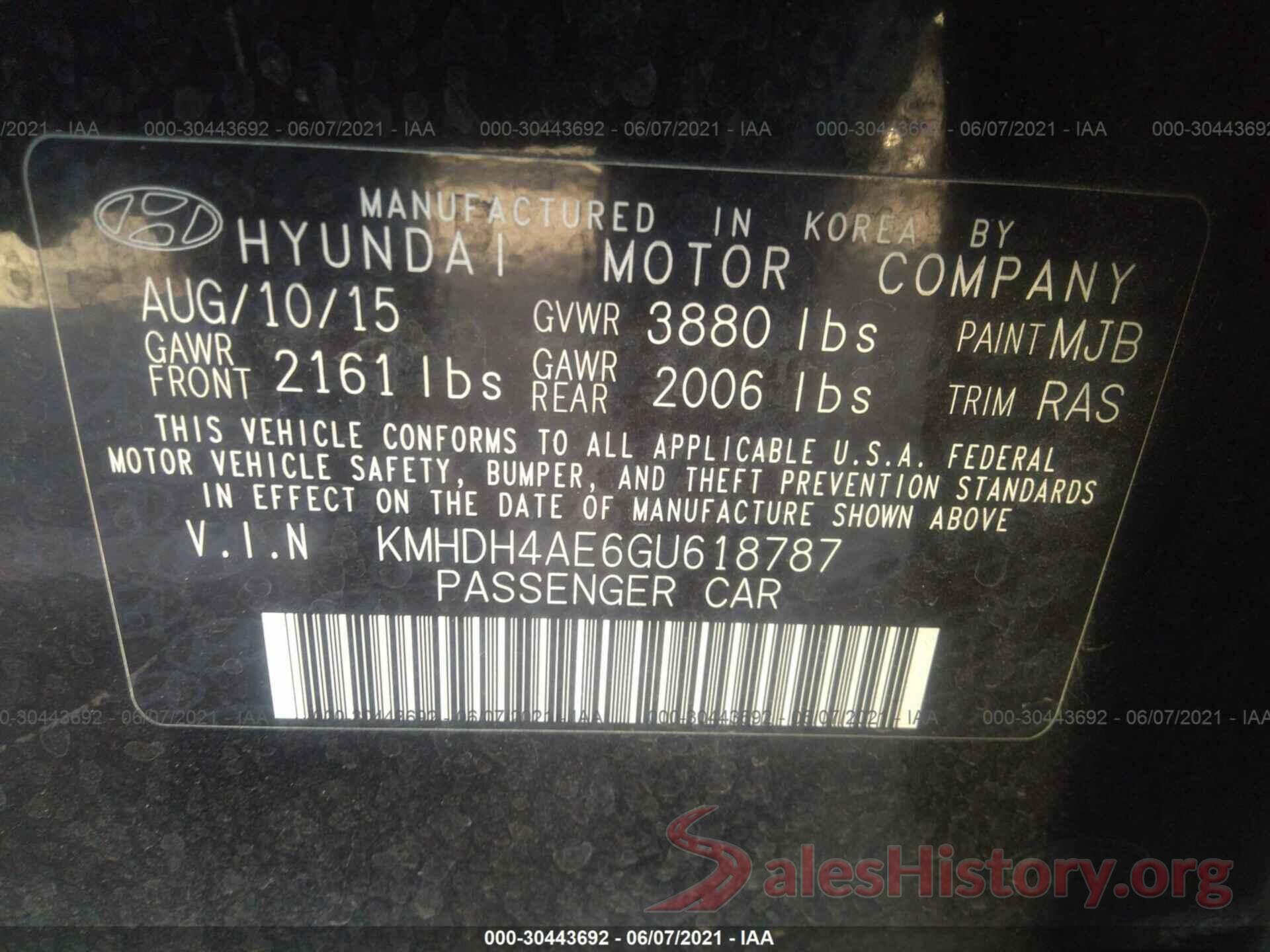 KMHDH4AE6GU618787 2016 HYUNDAI ELANTRA