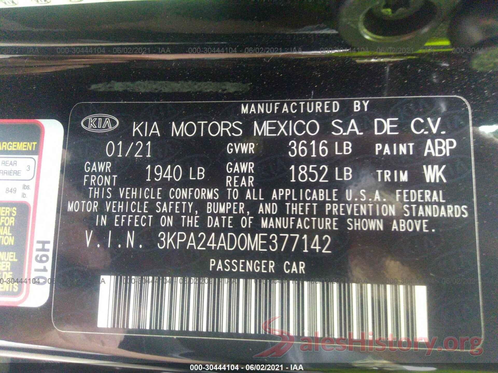 3KPA24AD0ME377142 2021 KIA RIO