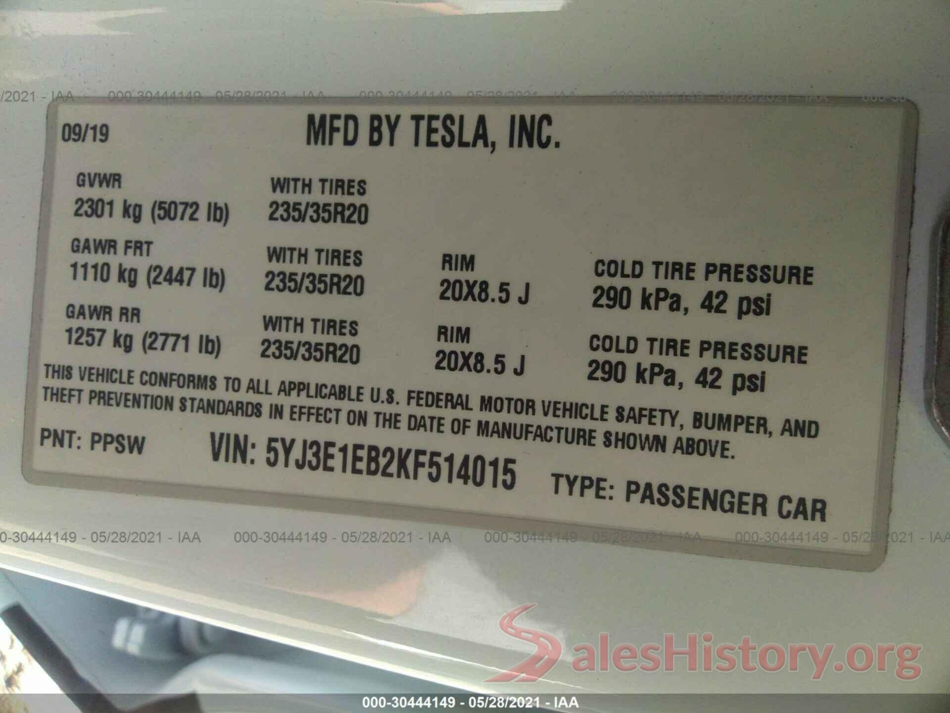 5YJ3E1EB2KF514015 2019 TESLA MODEL 3