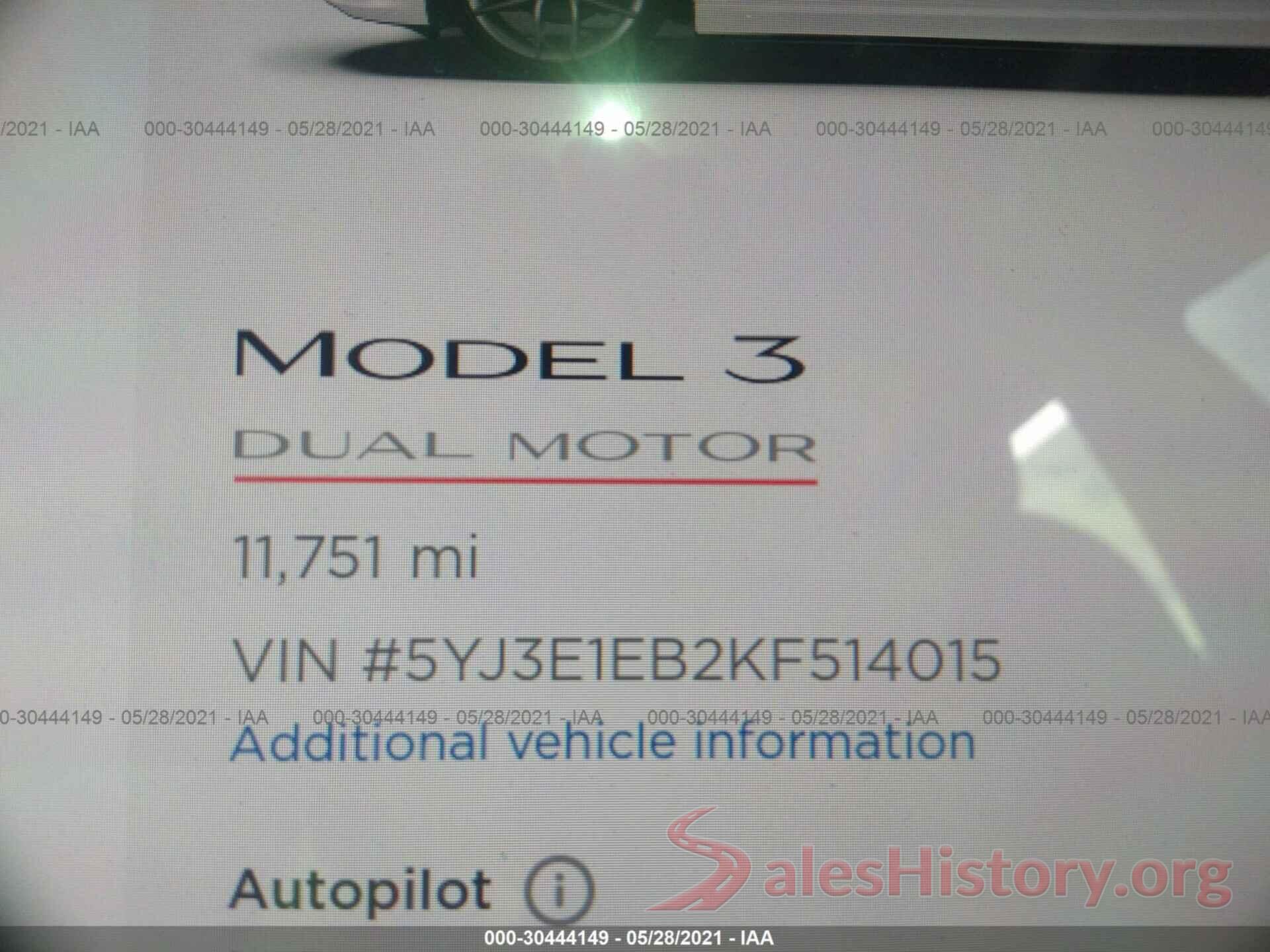 5YJ3E1EB2KF514015 2019 TESLA MODEL 3