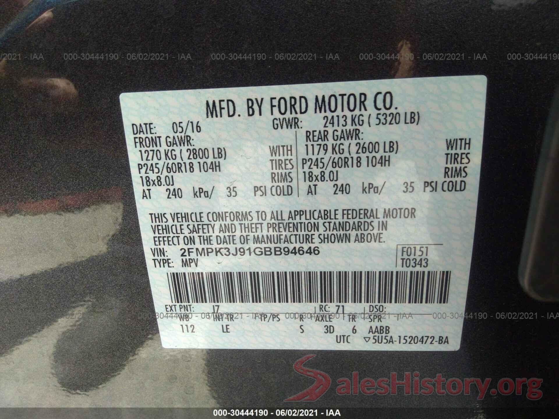 2FMPK3J91GBB94646 2016 FORD EDGE