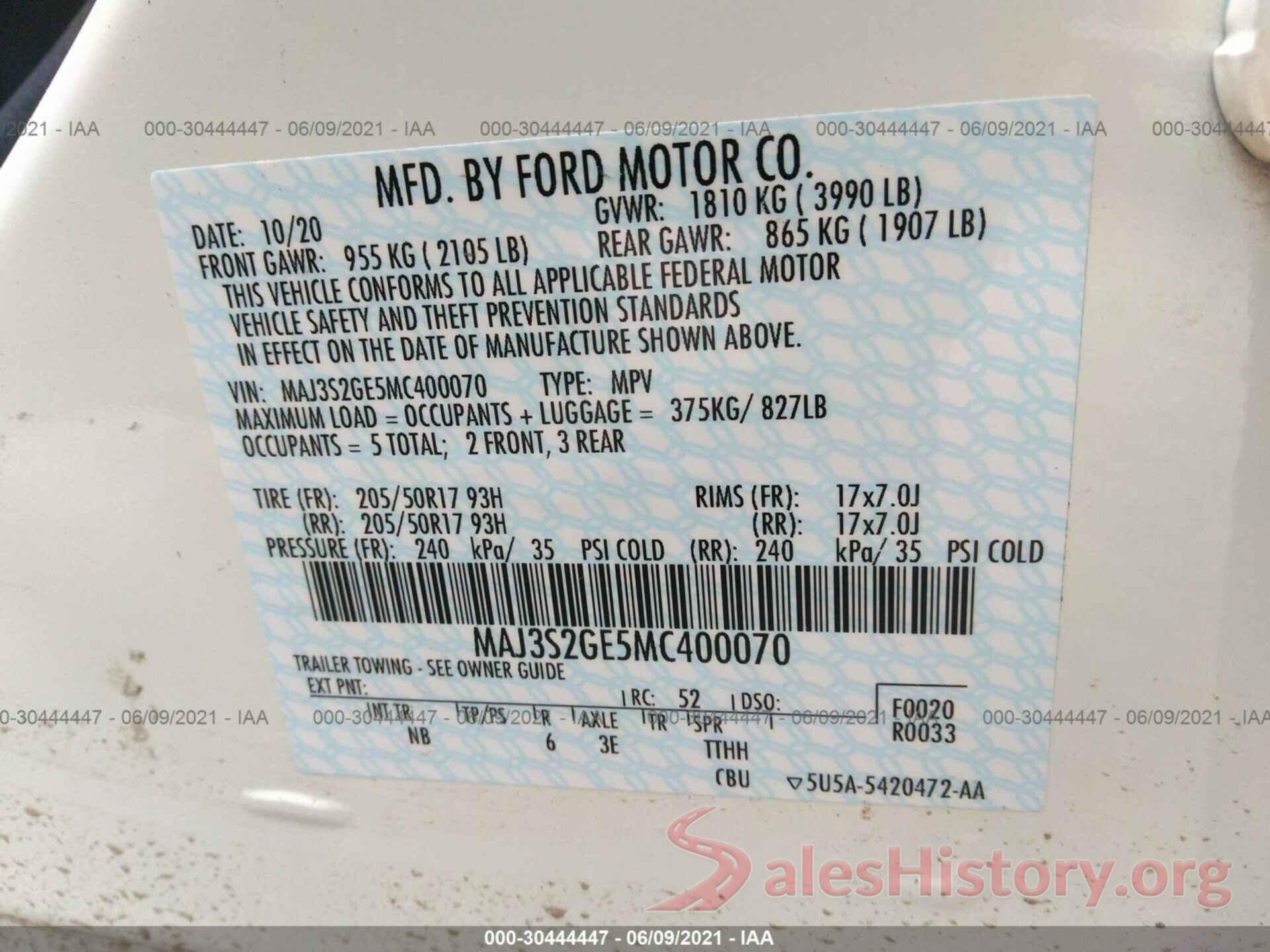 MAJ3S2GE5MC400070 2021 FORD ECOSPORT