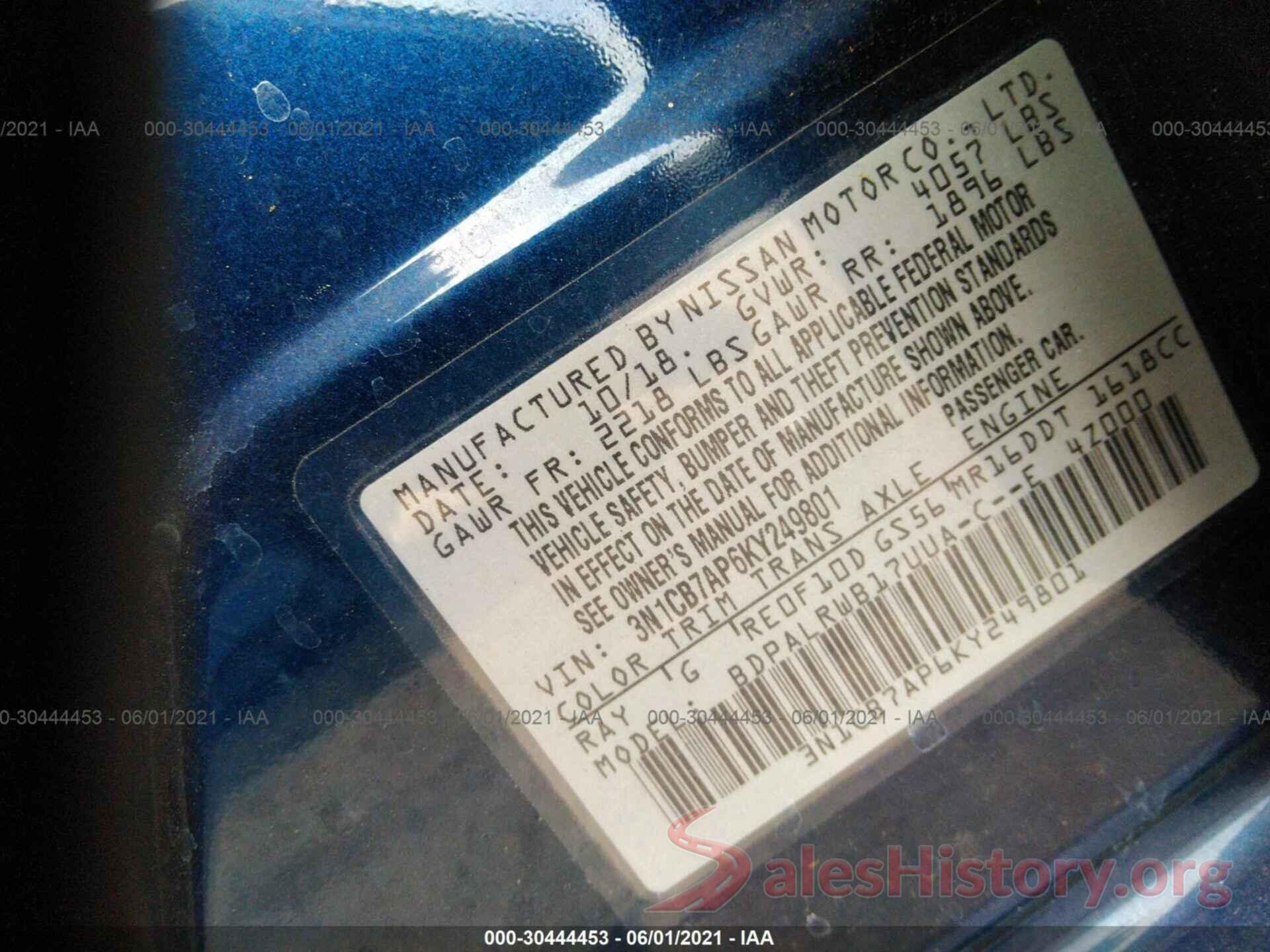 3N1CB7AP6KY249801 2019 NISSAN SENTRA