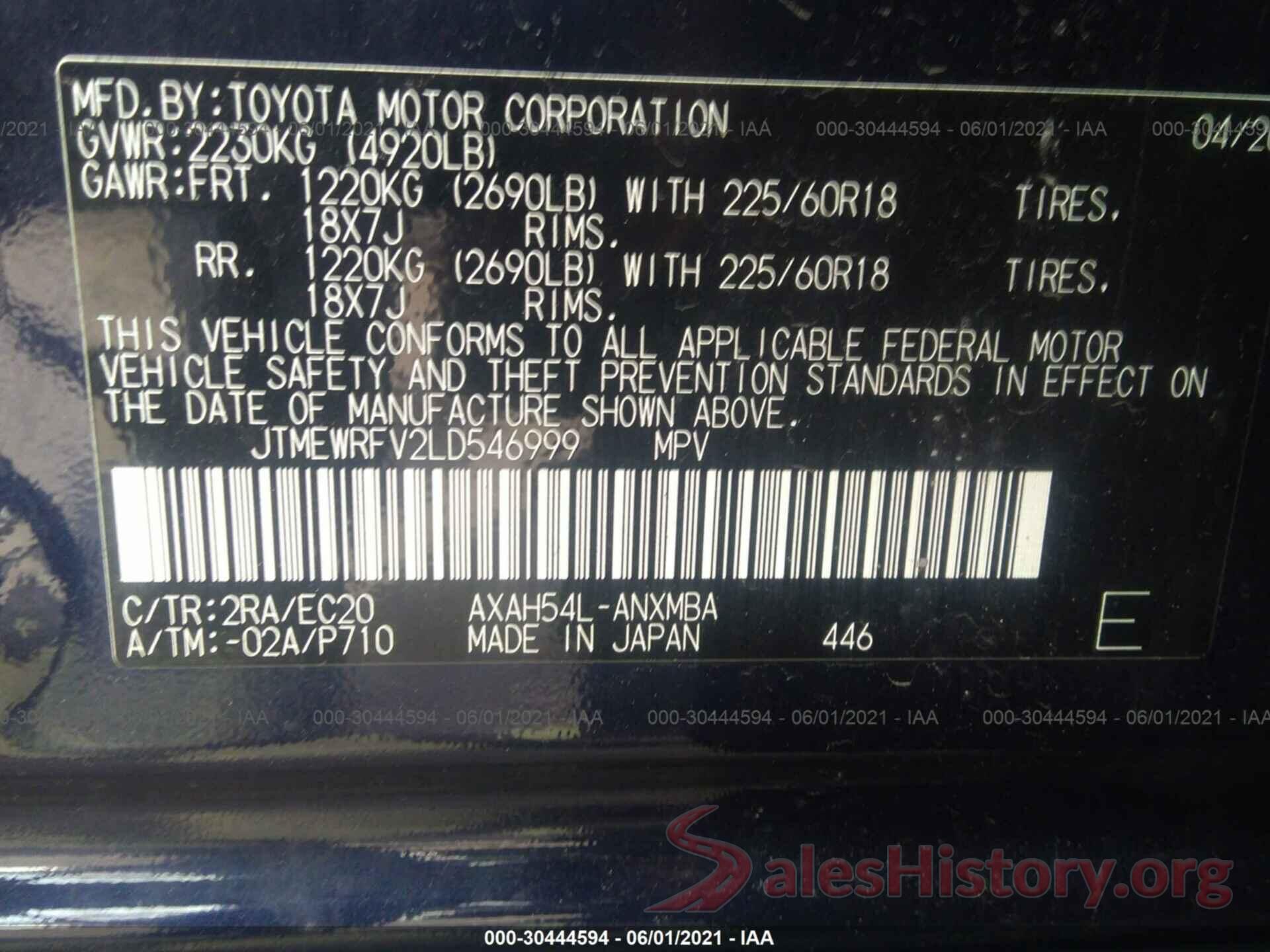 JTMEWRFV2LD546999 2020 TOYOTA RAV4