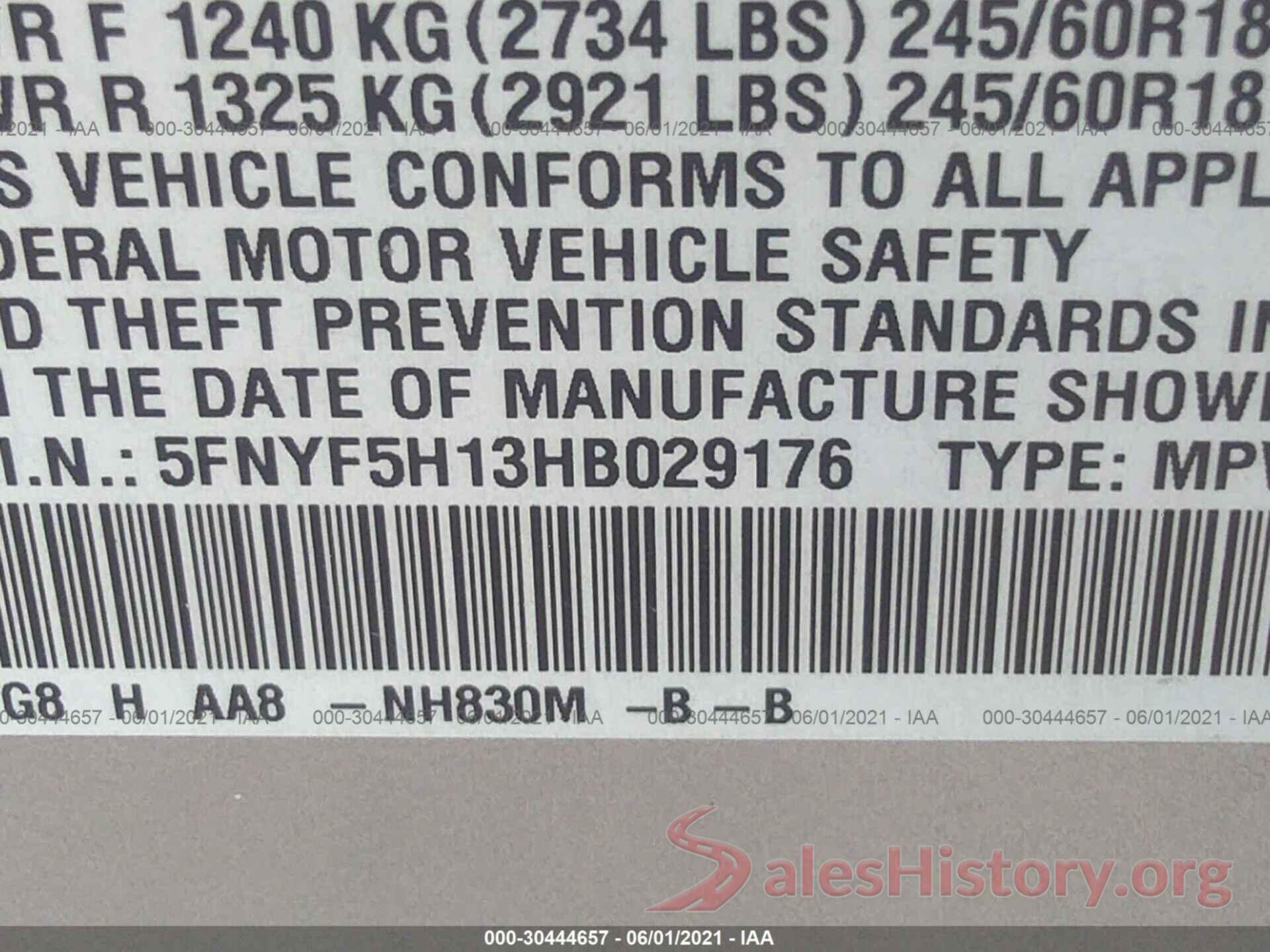 5FNYF5H13HB029176 2017 HONDA PILOT