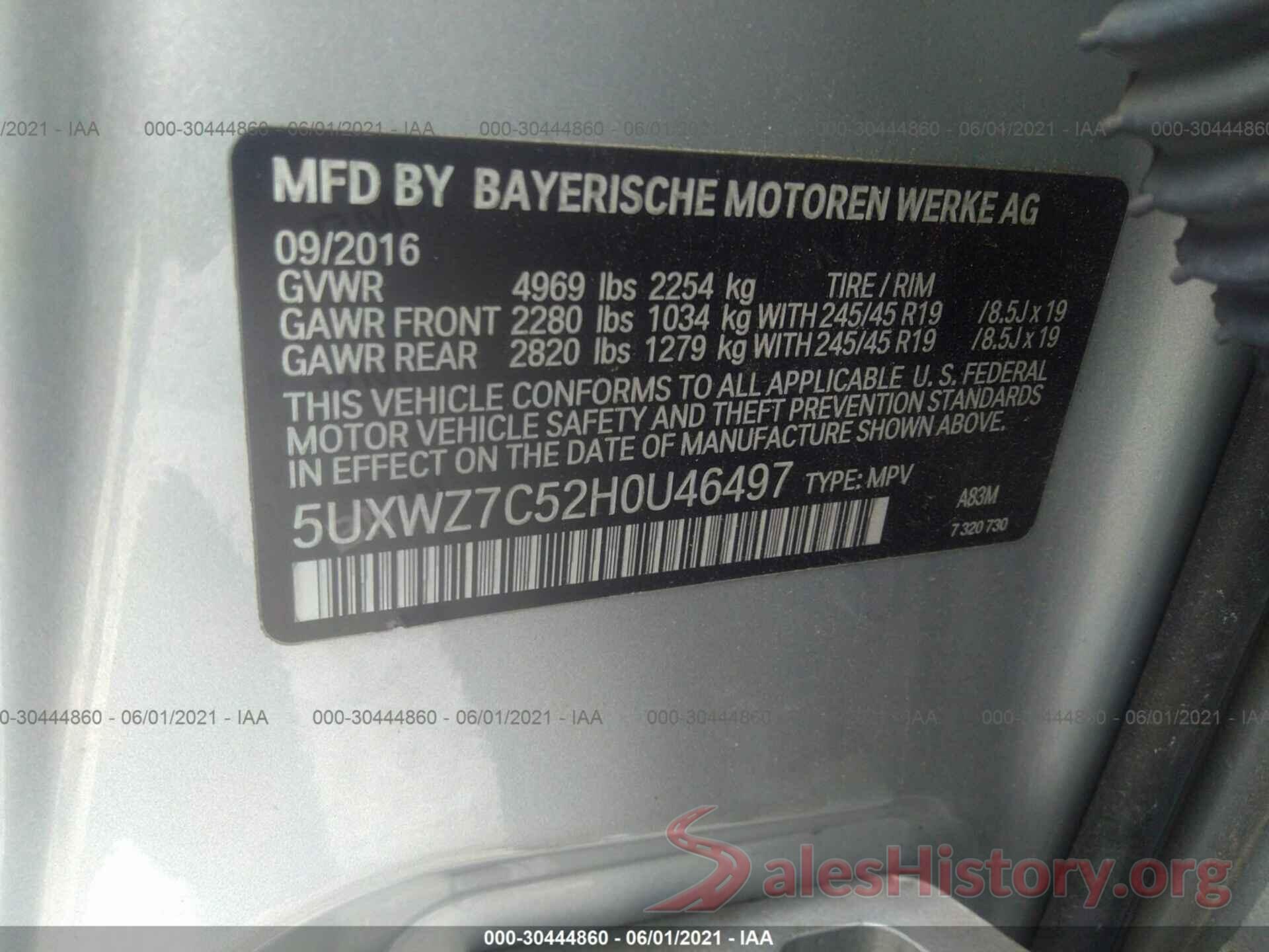 5UXWZ7C52H0U46497 2017 BMW X3