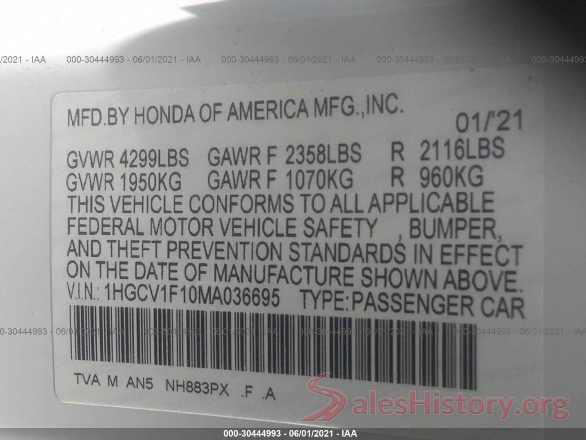 1HGCV1F10MA036695 2021 HONDA ACCORD SEDAN