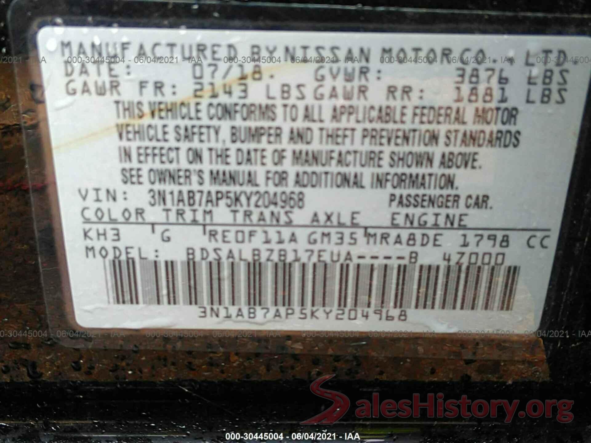 3N1AB7AP5KY204968 2019 NISSAN SENTRA