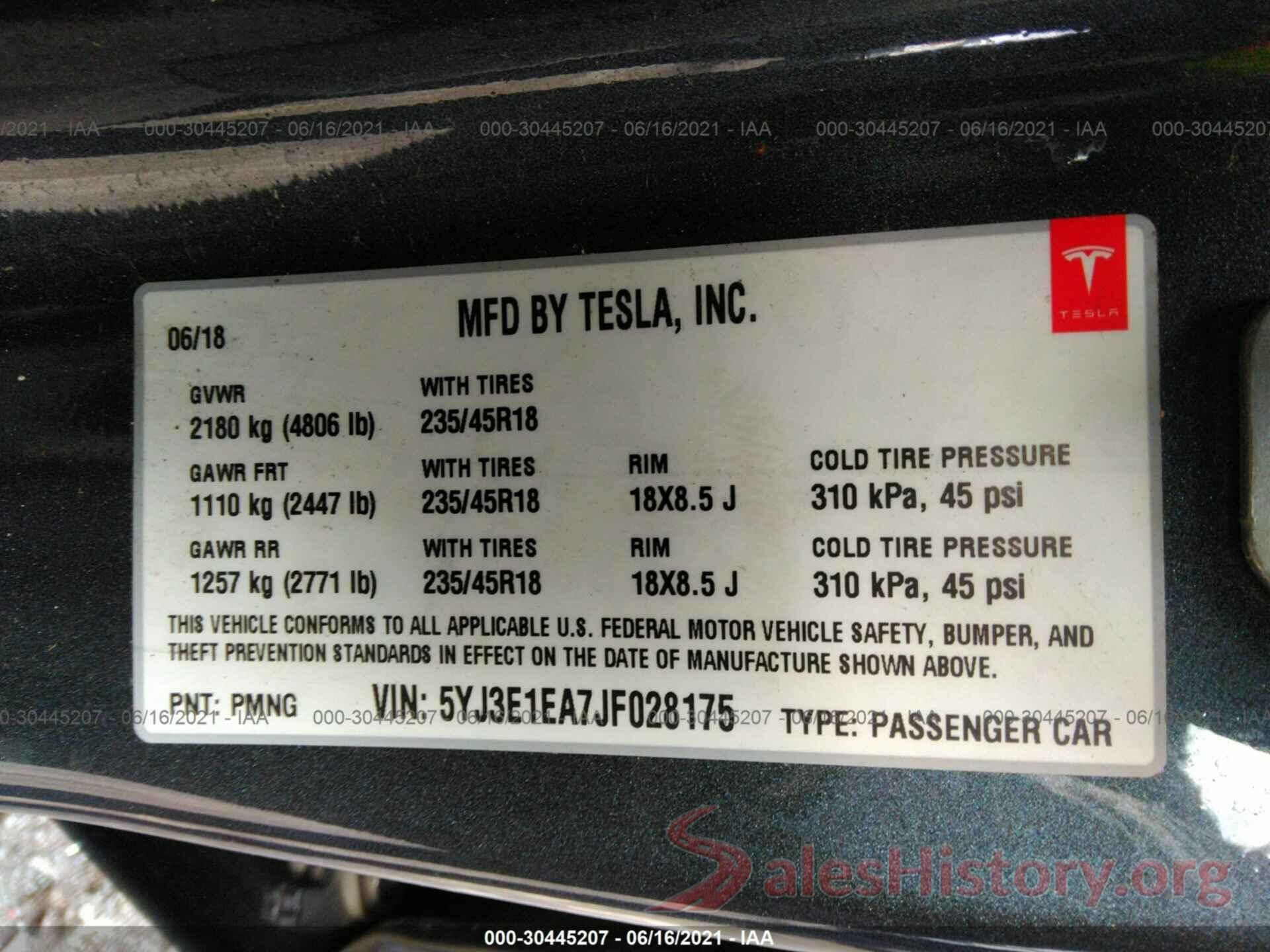 5YJ3E1EA7JF028175 2018 TESLA MODEL 3