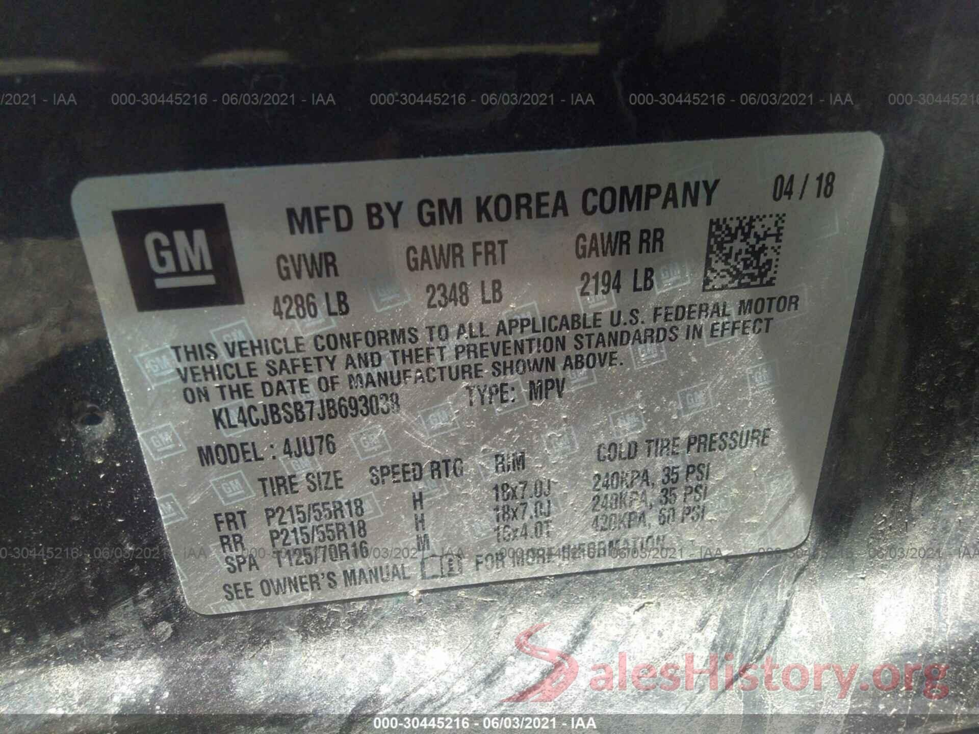 KL4CJBSB7JB693038 2018 BUICK ENCORE