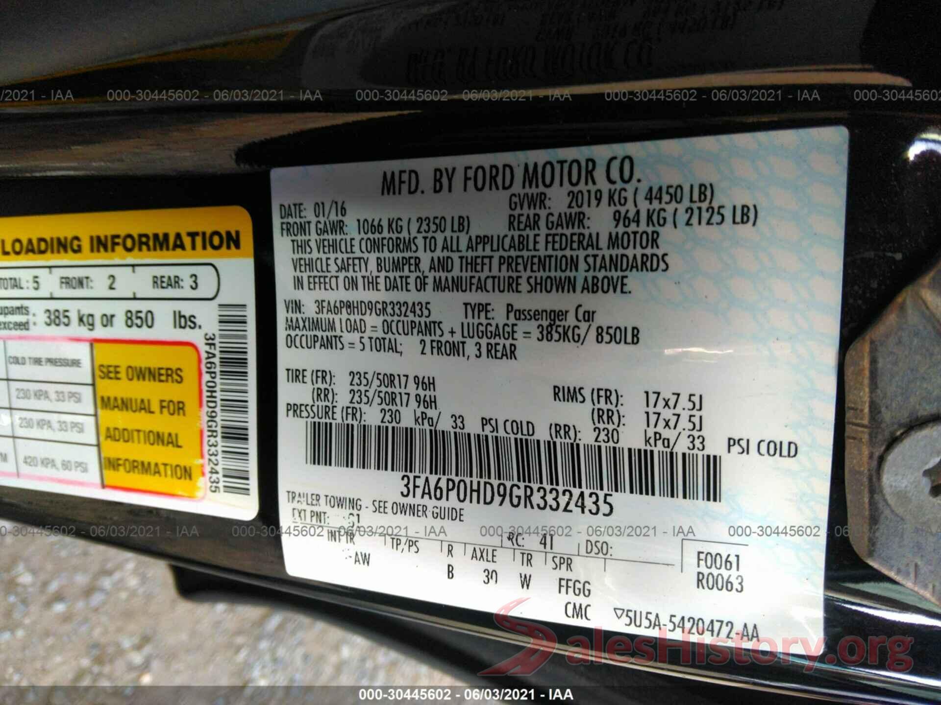 3FA6P0HD9GR332435 2016 FORD FUSION