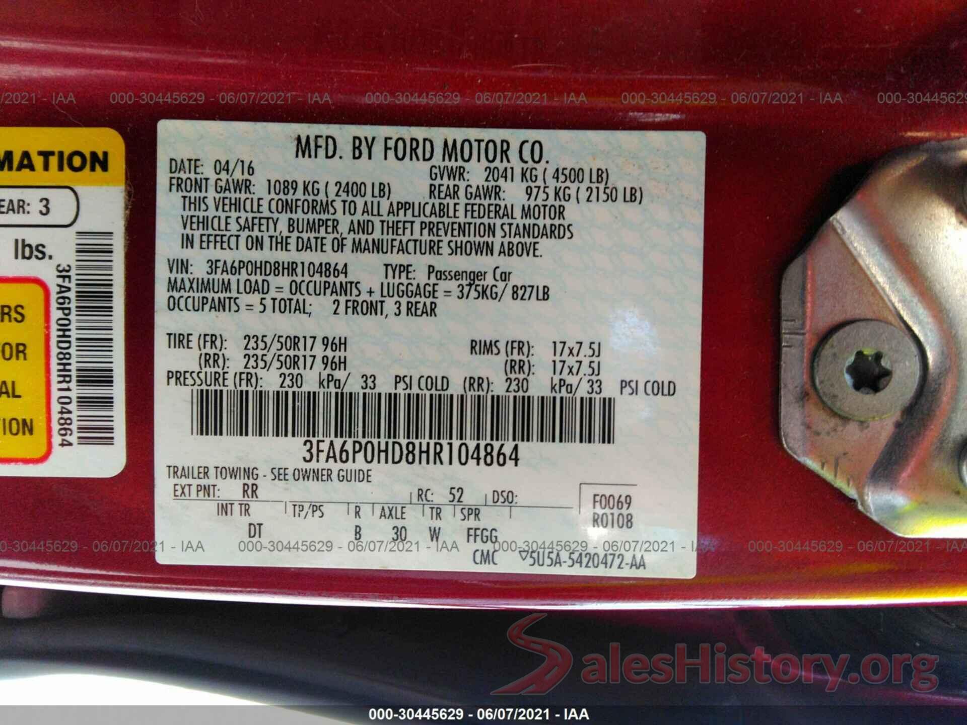 3FA6P0HD8HR104864 2017 FORD FUSION