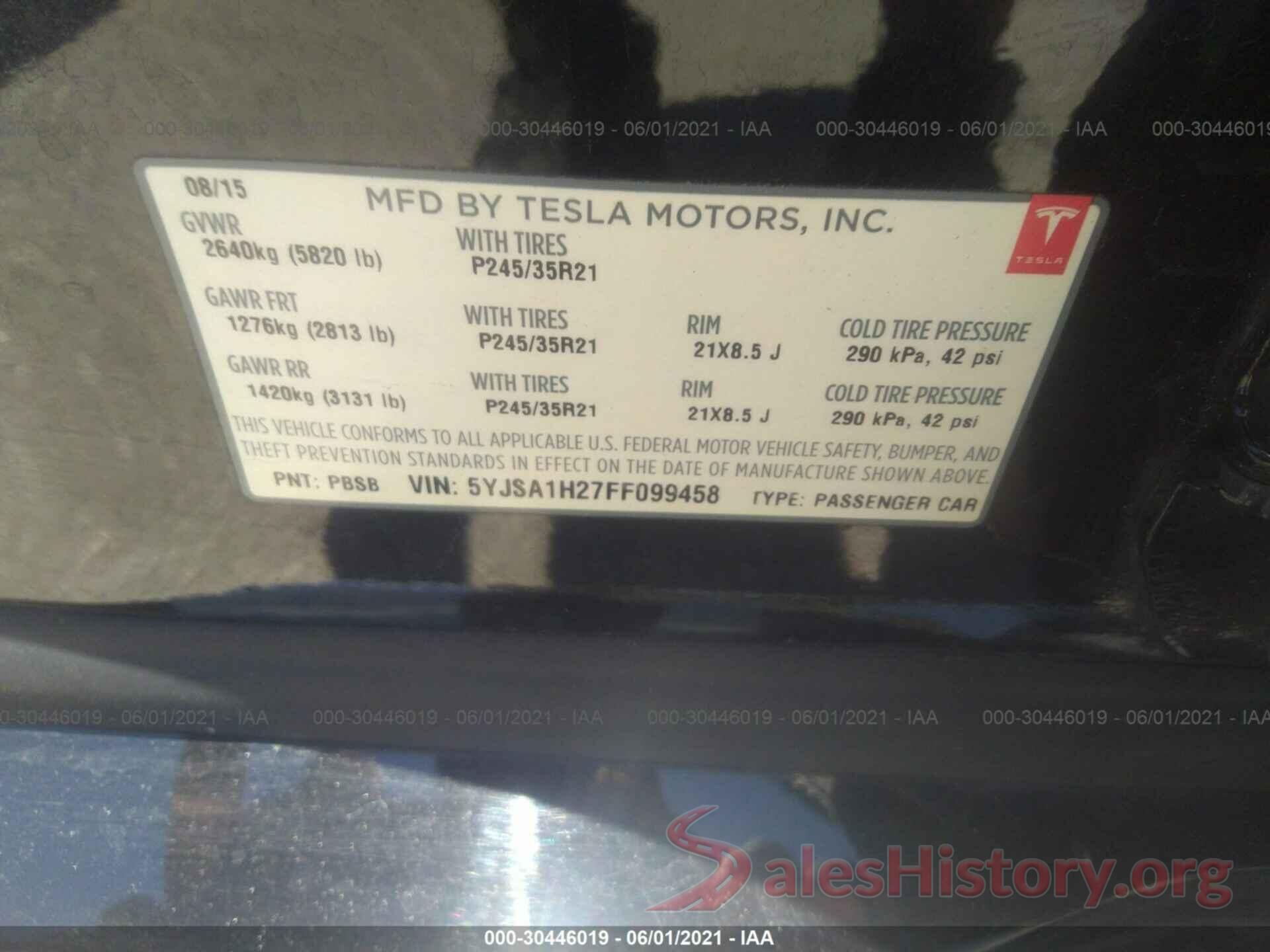 5YJSA1H27FF099458 2015 TESLA MODEL S