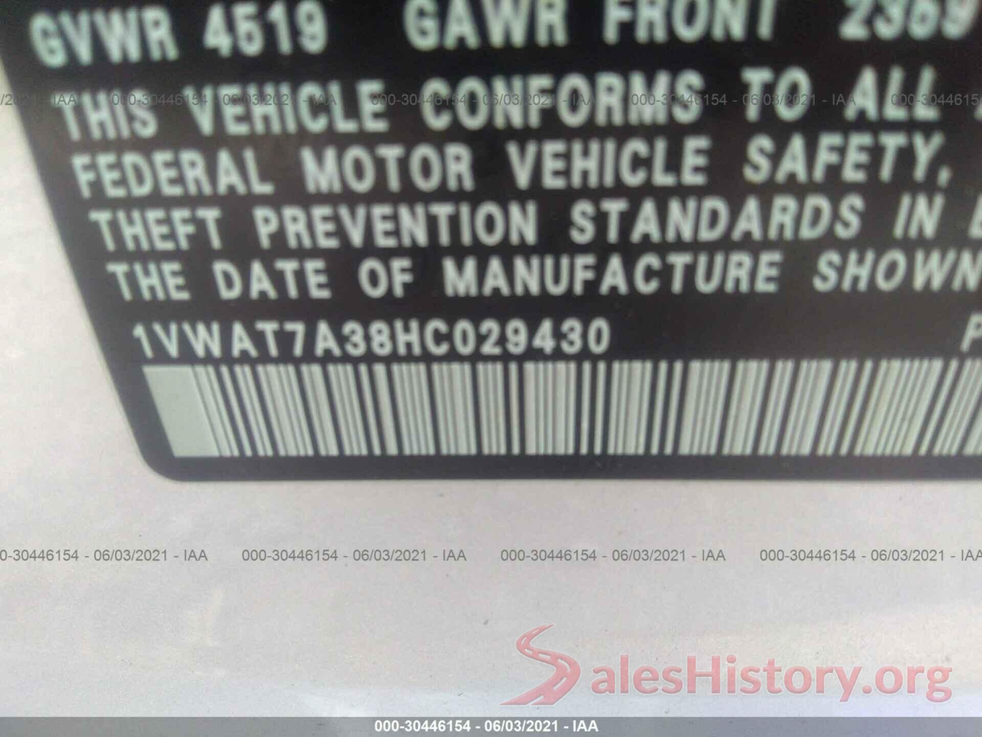 1VWAT7A38HC029430 2017 VOLKSWAGEN PASSAT