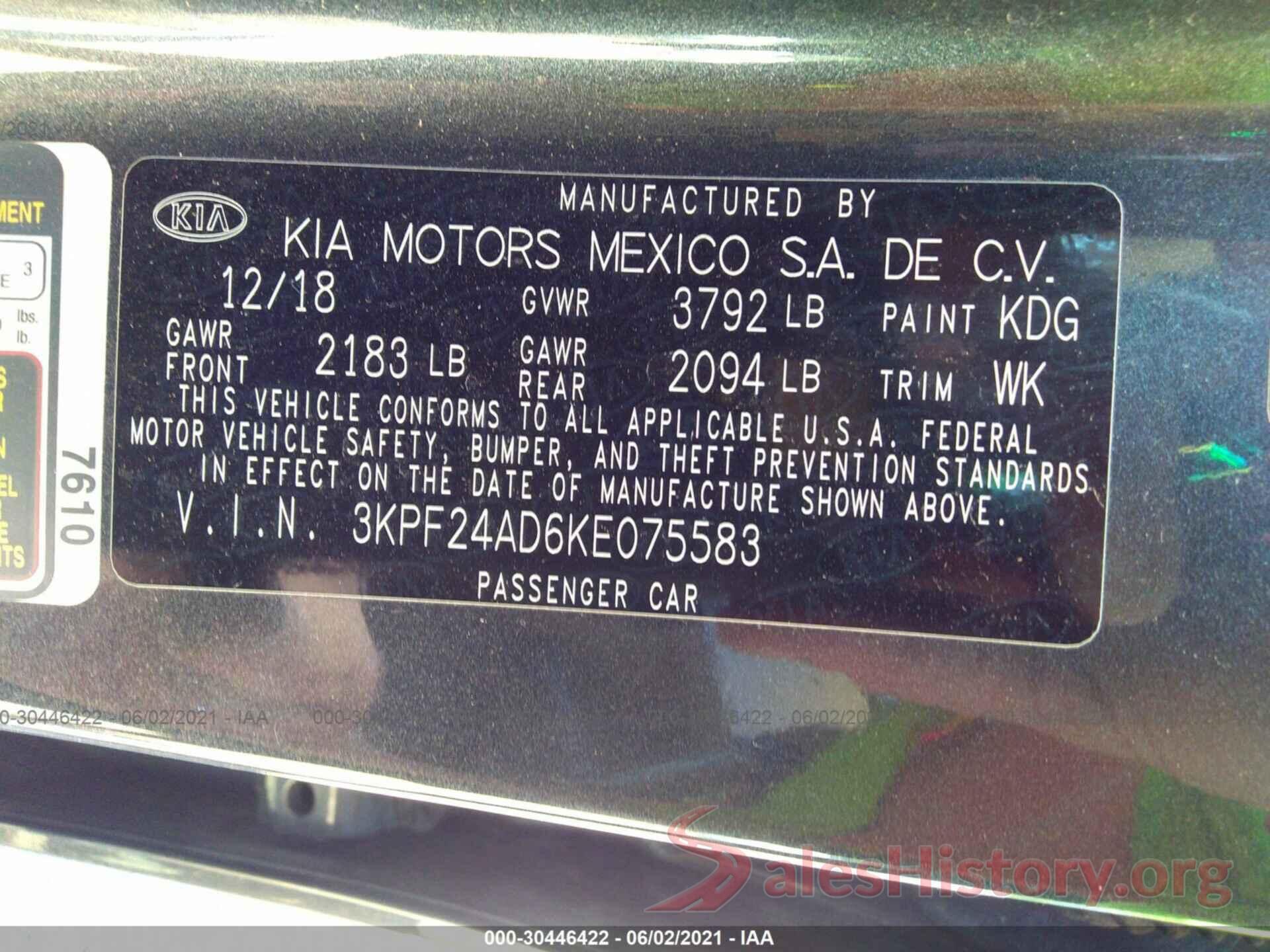 3KPF24AD6KE075583 2019 KIA FORTE