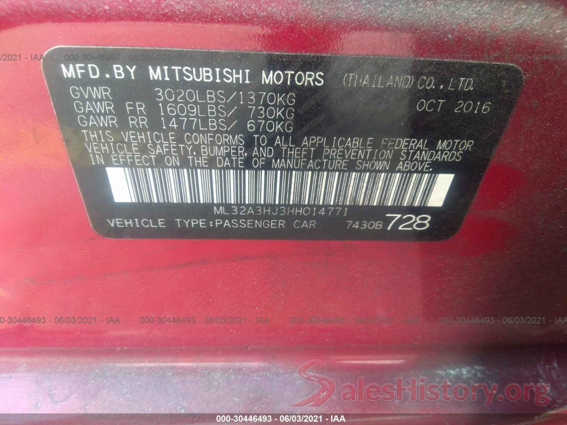 ML32A3HJ3HH014771 2017 MITSUBISHI MIRAGE