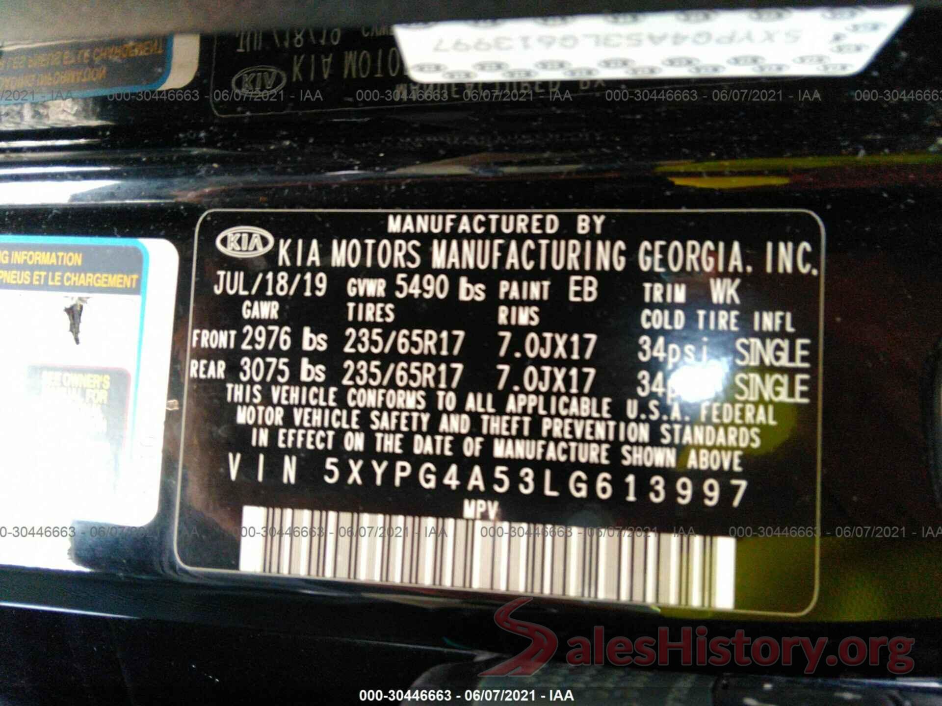 5XYPG4A53LG613997 2020 KIA SORENTO