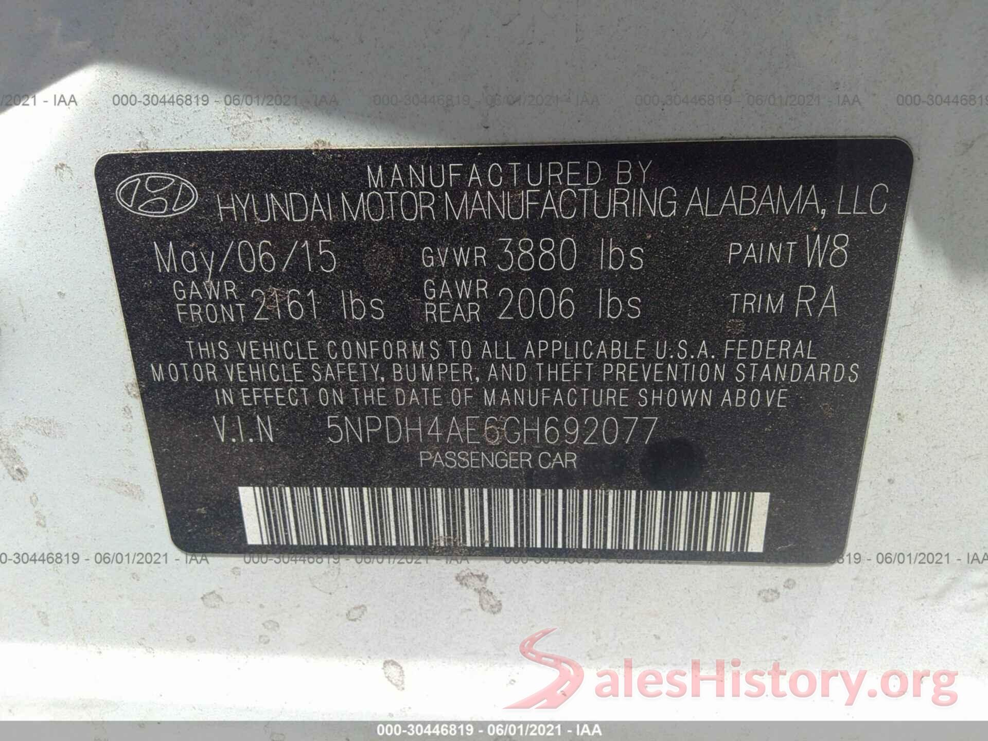 5NPDH4AE6GH692077 2016 HYUNDAI ELANTRA