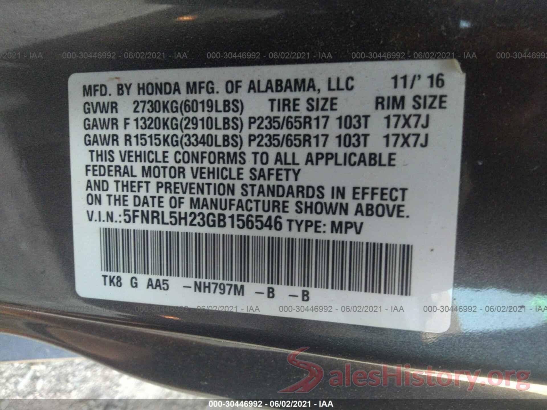 5FNRL5H23GB156546 2016 HONDA ODYSSEY