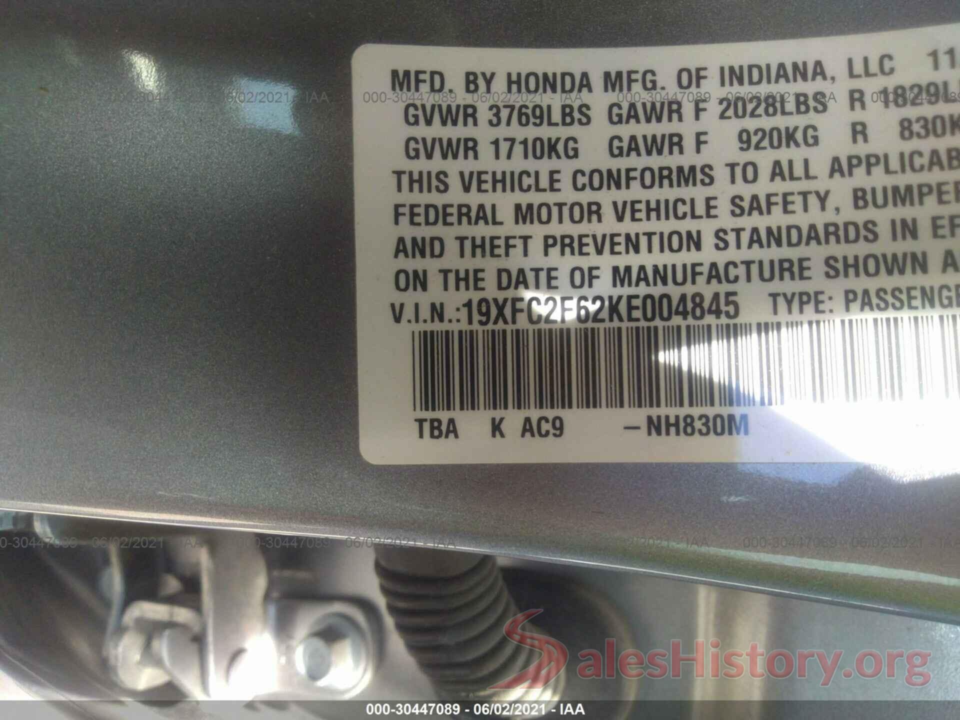 19XFC2F62KE004845 2019 HONDA CIVIC SEDAN