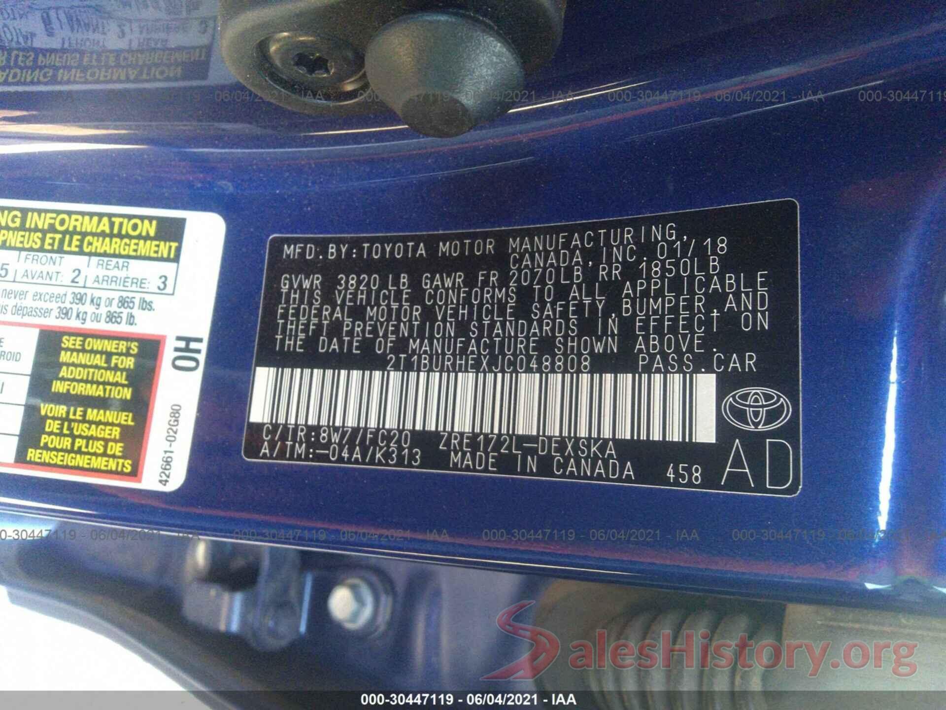 2T1BURHEXJC048808 2018 TOYOTA COROLLA