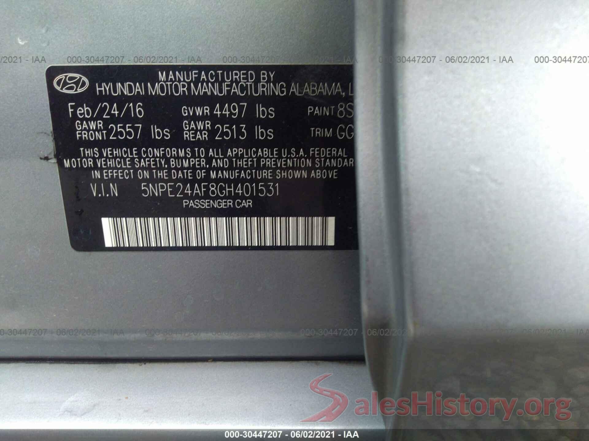 5NPE24AF8GH401531 2016 HYUNDAI SONATA