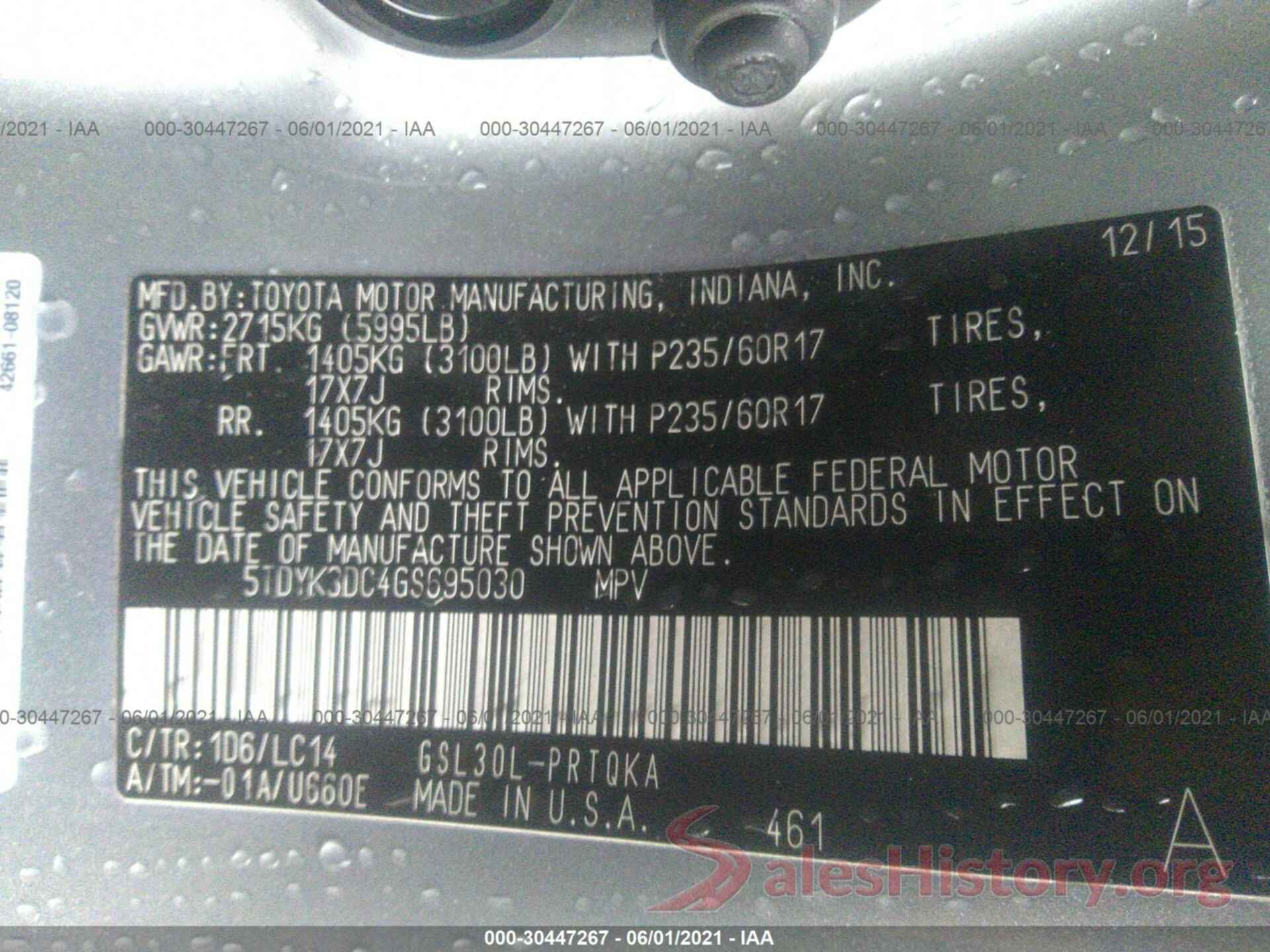 5TDYK3DC4GS695030 2016 TOYOTA SIENNA