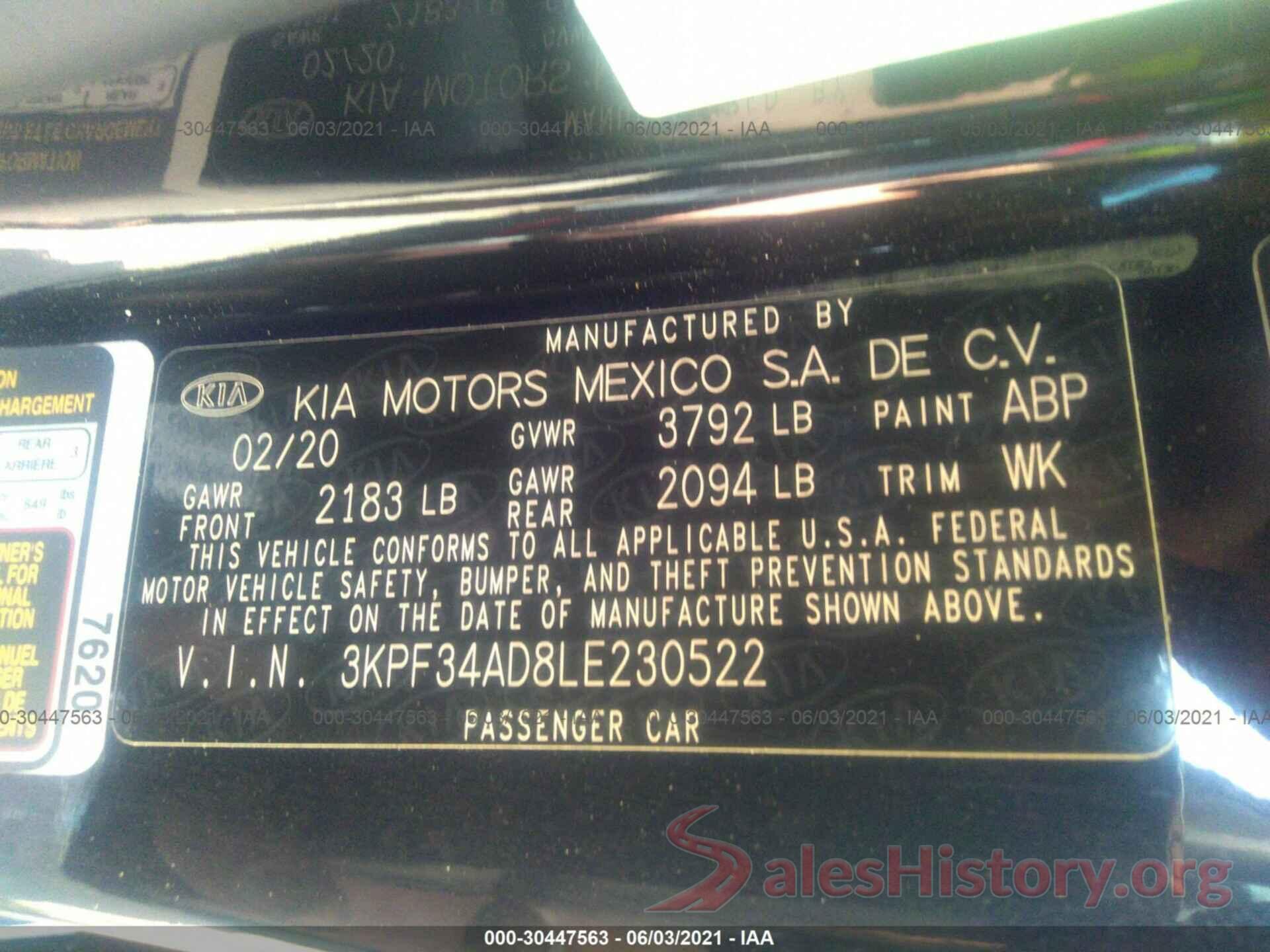 3KPF34AD8LE230522 2020 KIA FORTE