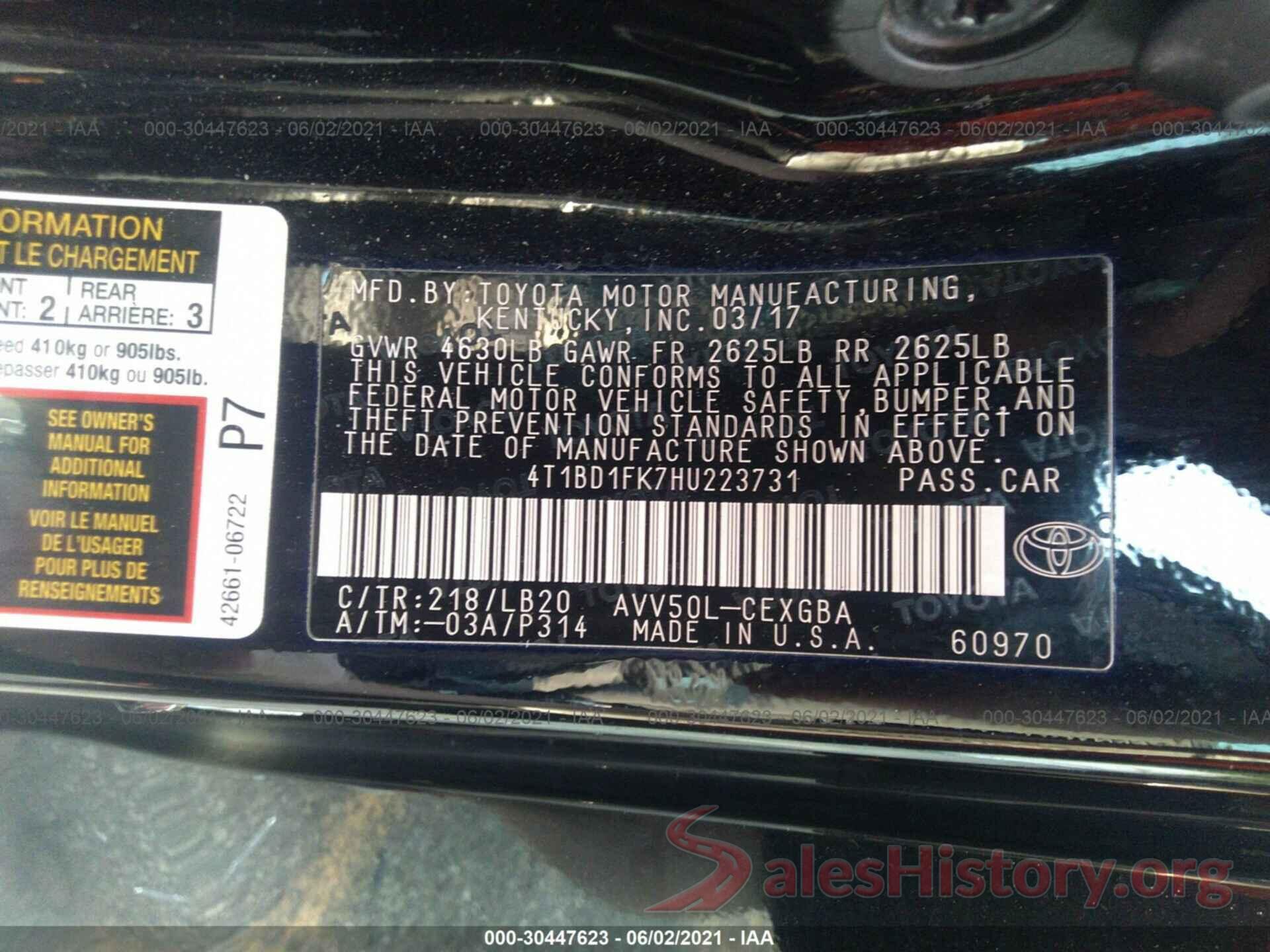 4T1BD1FK7HU223731 2017 TOYOTA CAMRY