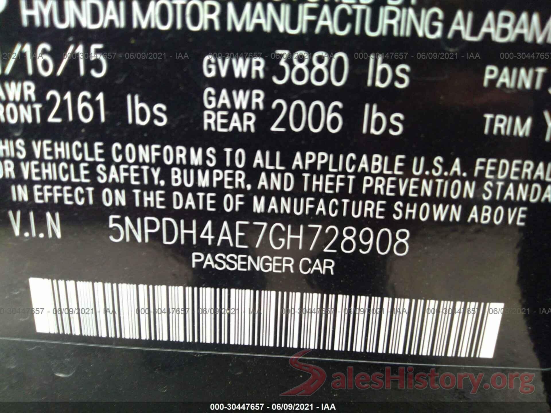 5NPDH4AE7GH728908 2016 HYUNDAI ELANTRA