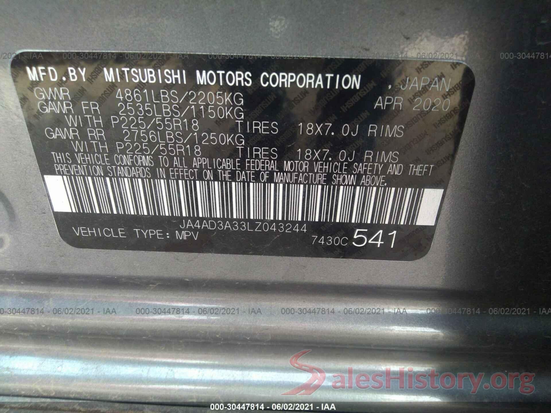 JA4AD3A33LZ043244 2020 MITSUBISHI OUTLANDER