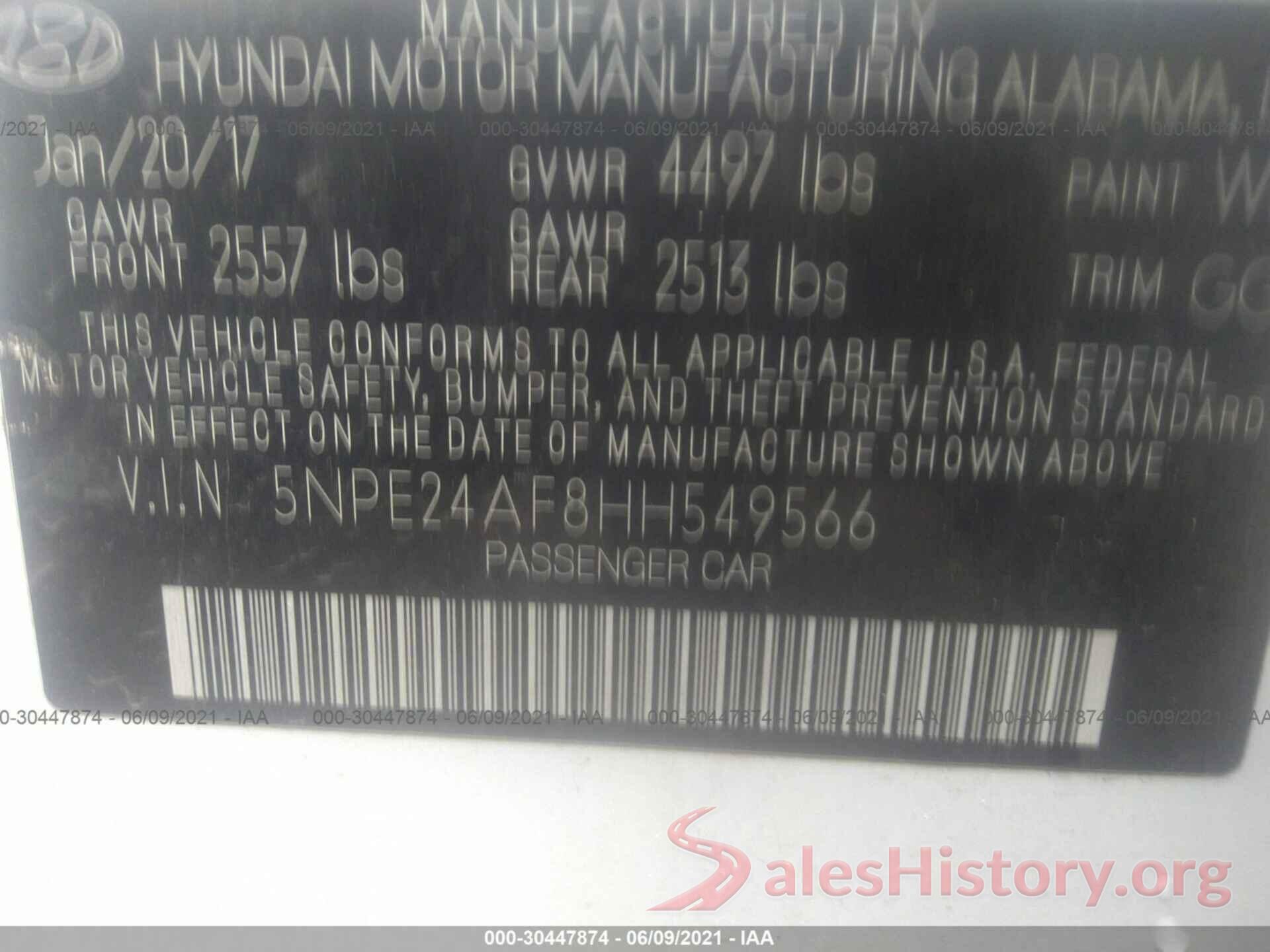 5NPE24AF8HH549566 2017 HYUNDAI SONATA