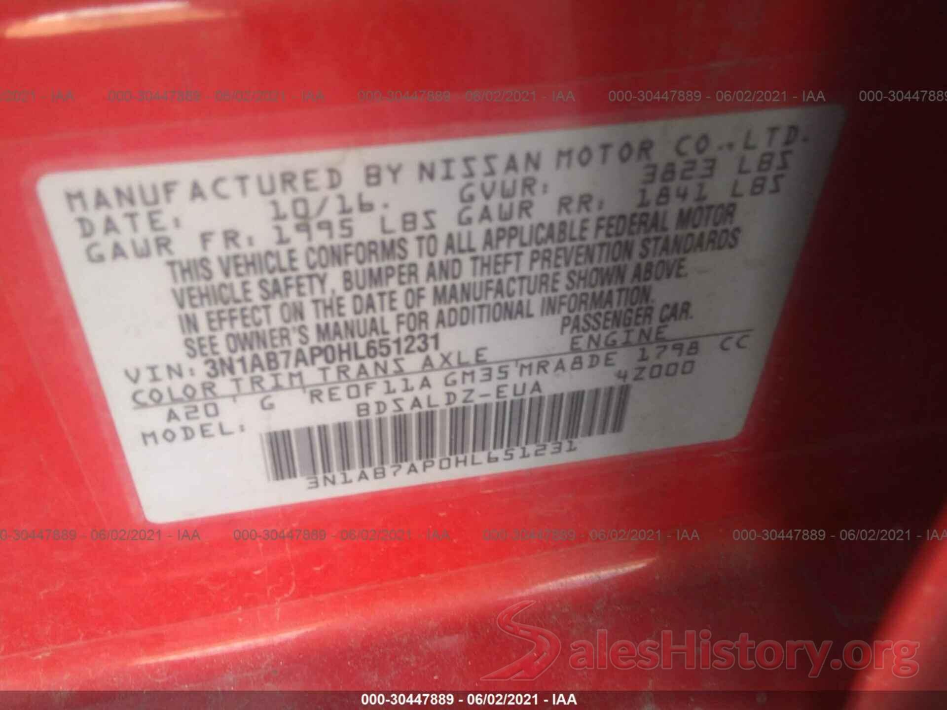 3N1AB7AP0HL651231 2017 NISSAN SENTRA