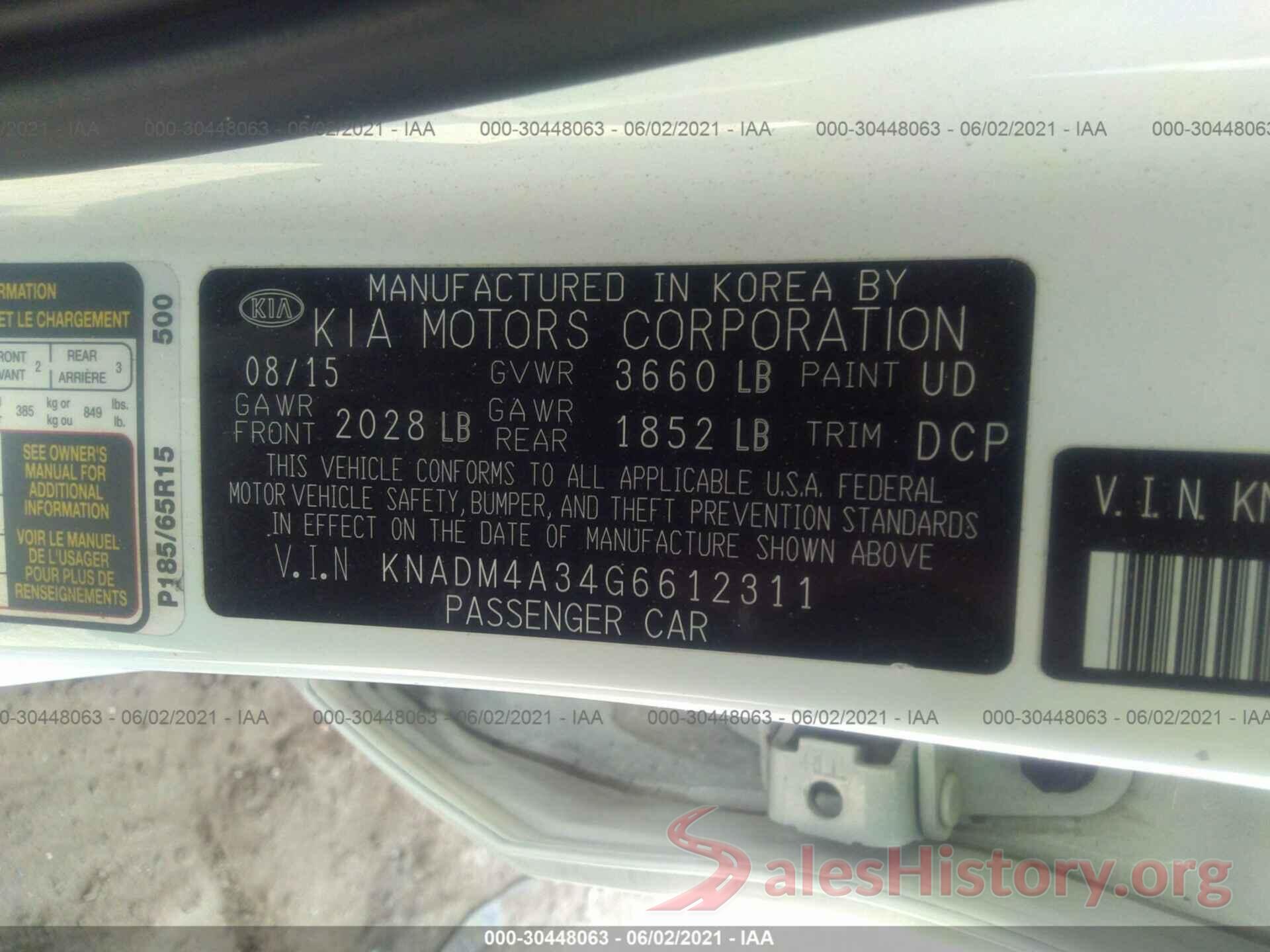 KNADM4A34G6612311 2016 KIA RIO