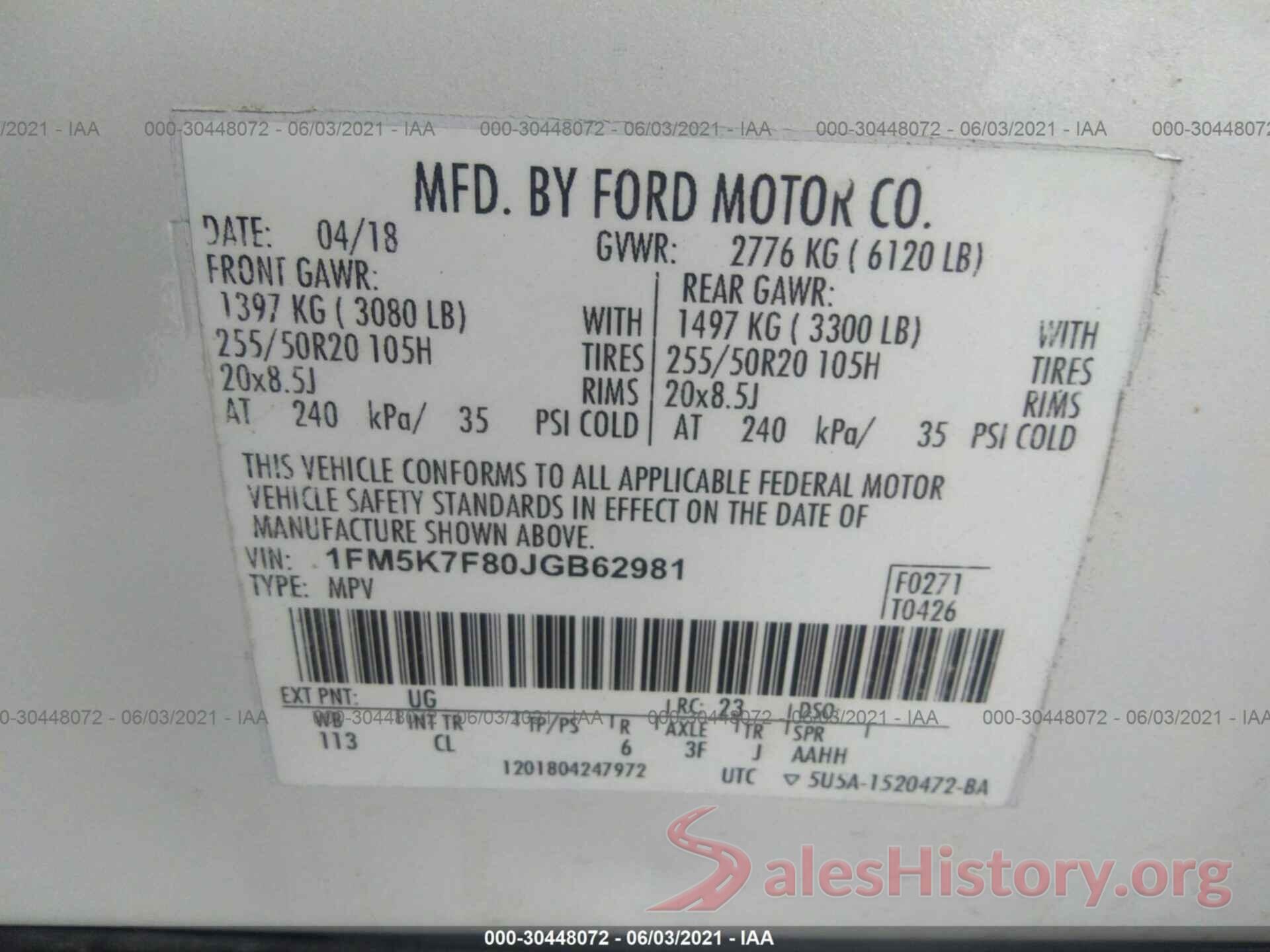 1FM5K7F80JGB62981 2018 FORD EXPLORER