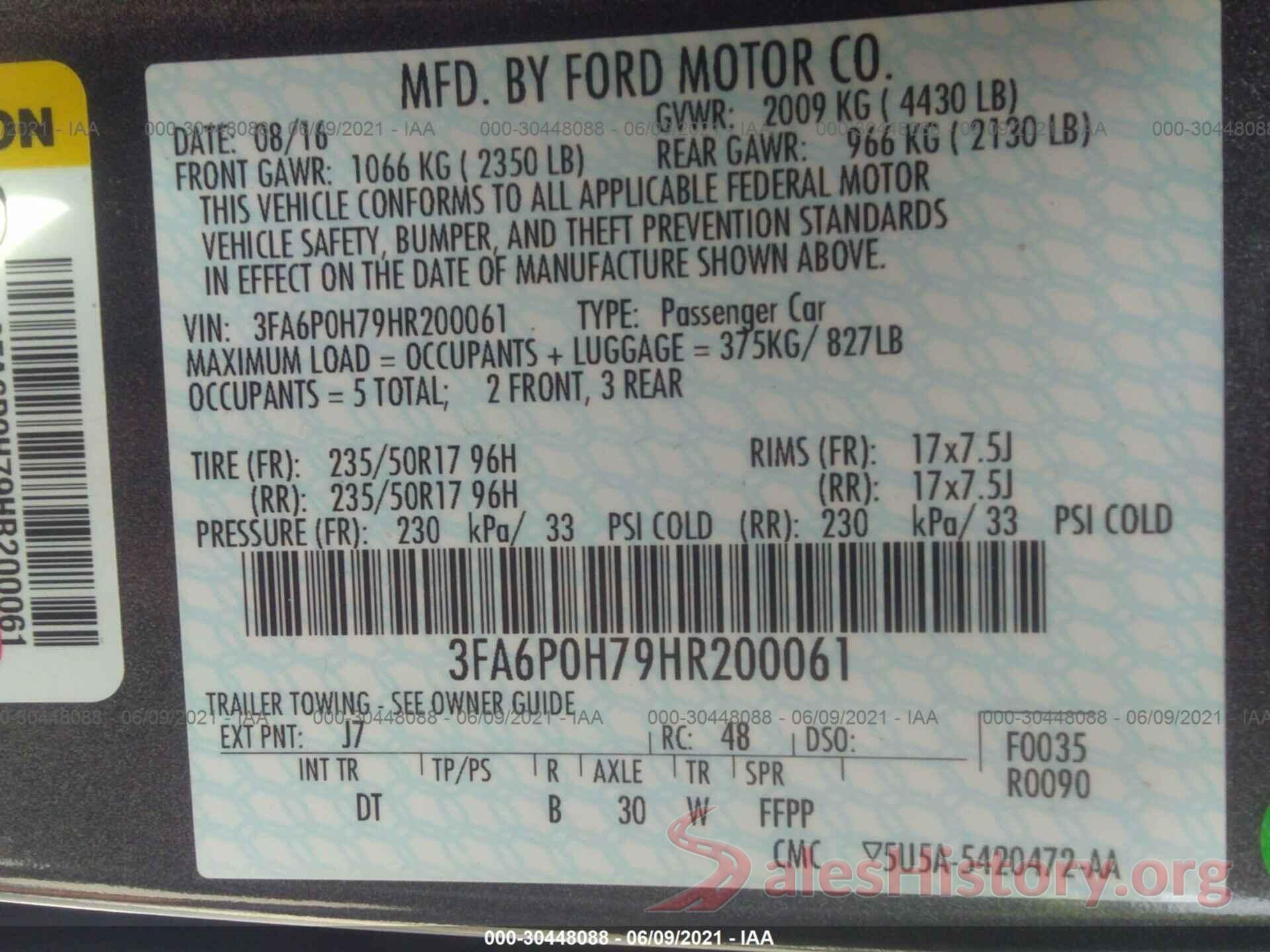 3FA6P0H79HR200061 2017 FORD FUSION