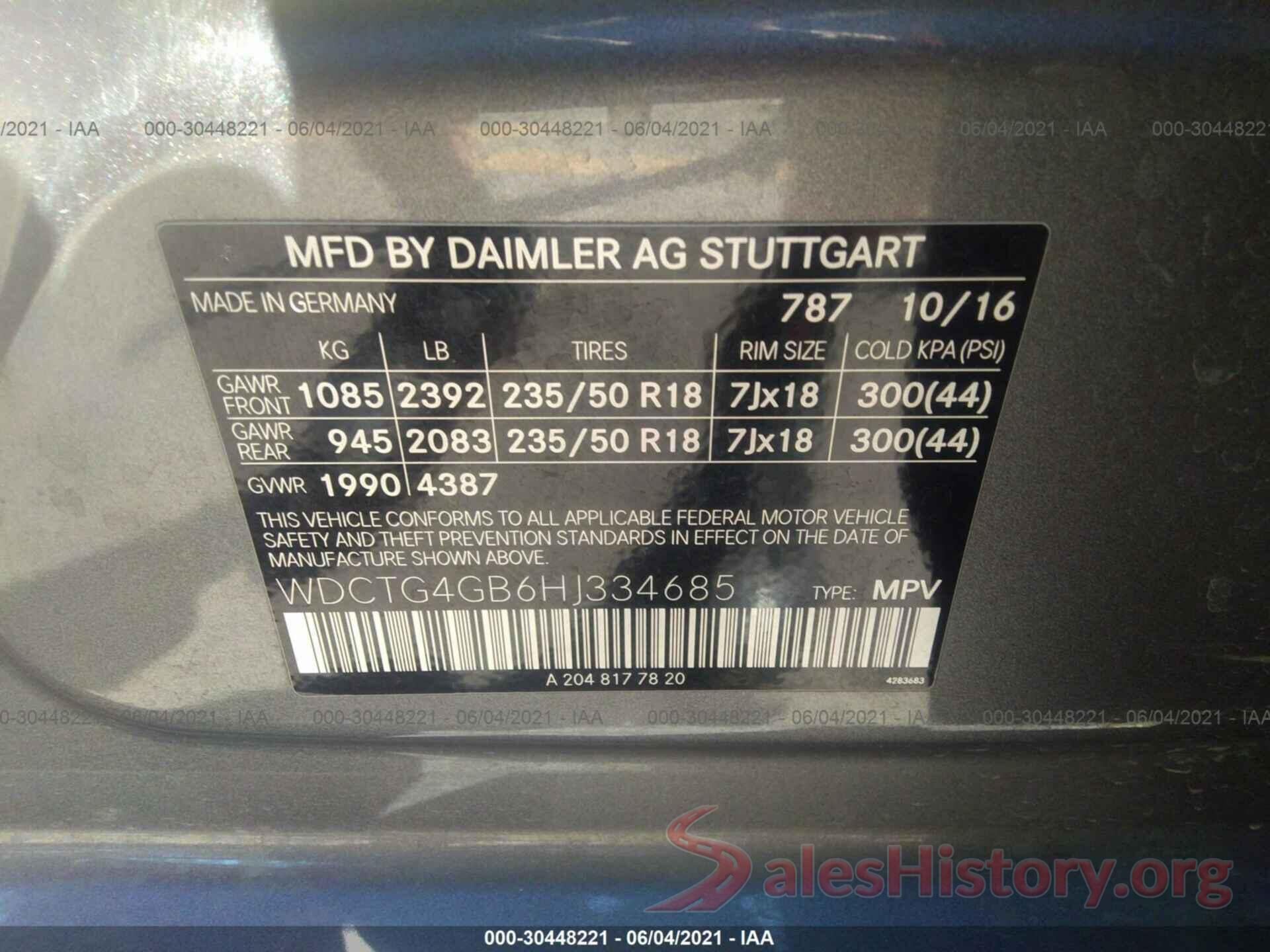 WDCTG4GB6HJ334685 2017 MERCEDES-BENZ GLA