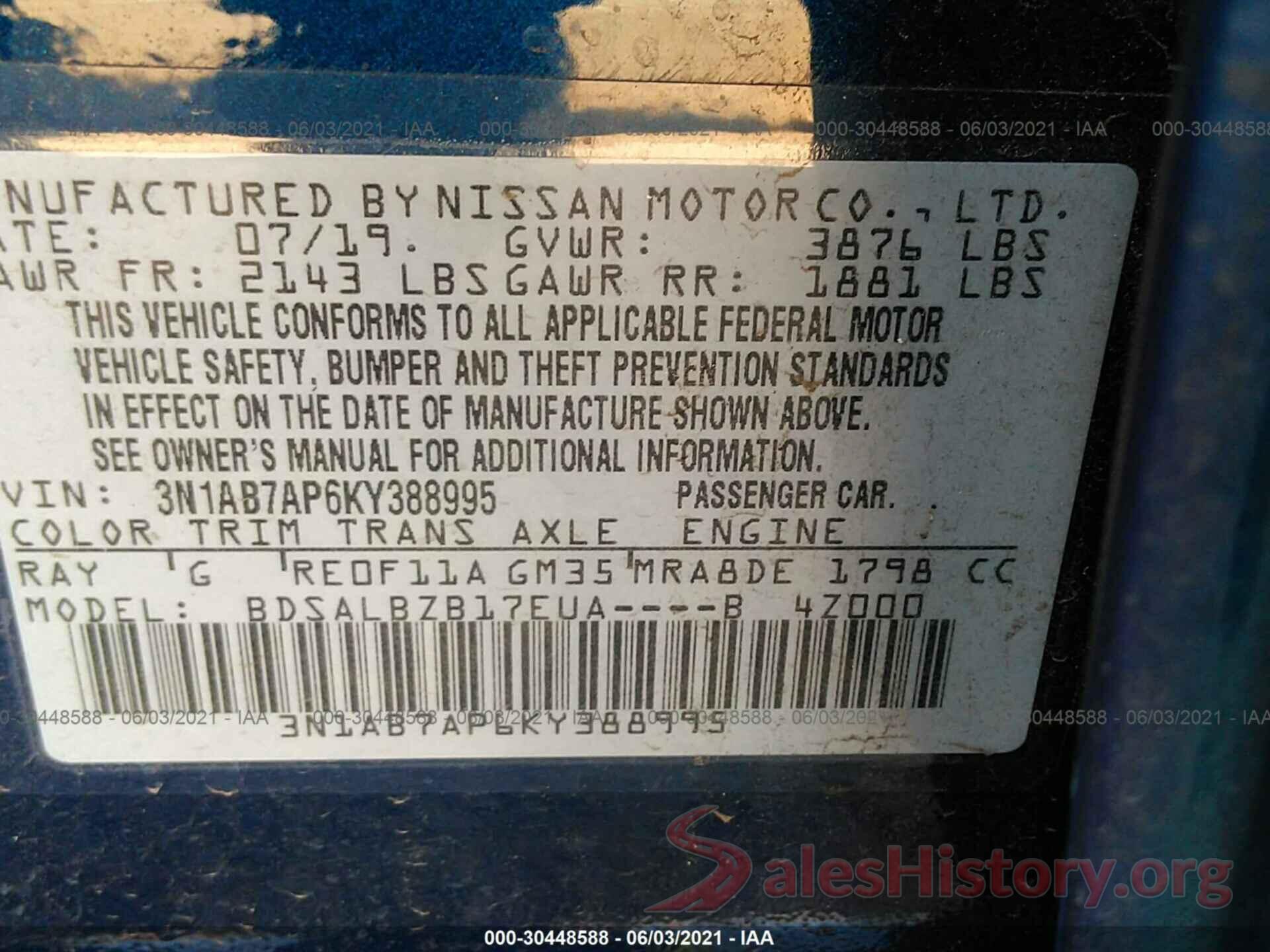 3N1AB7AP6KY388995 2019 NISSAN SENTRA