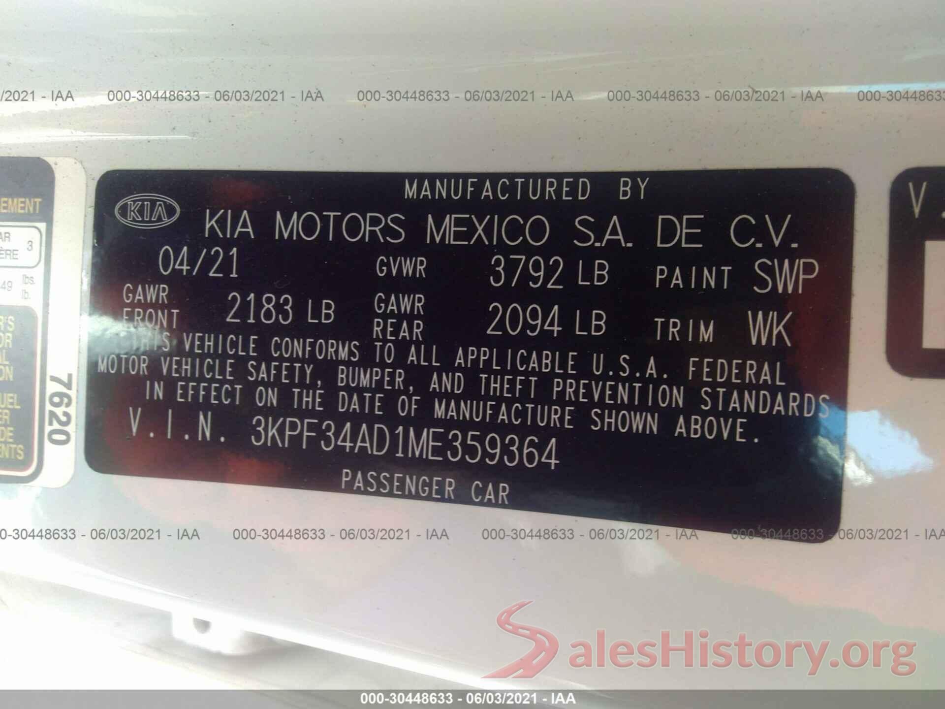 3KPF34AD1ME359364 2021 KIA FORTE