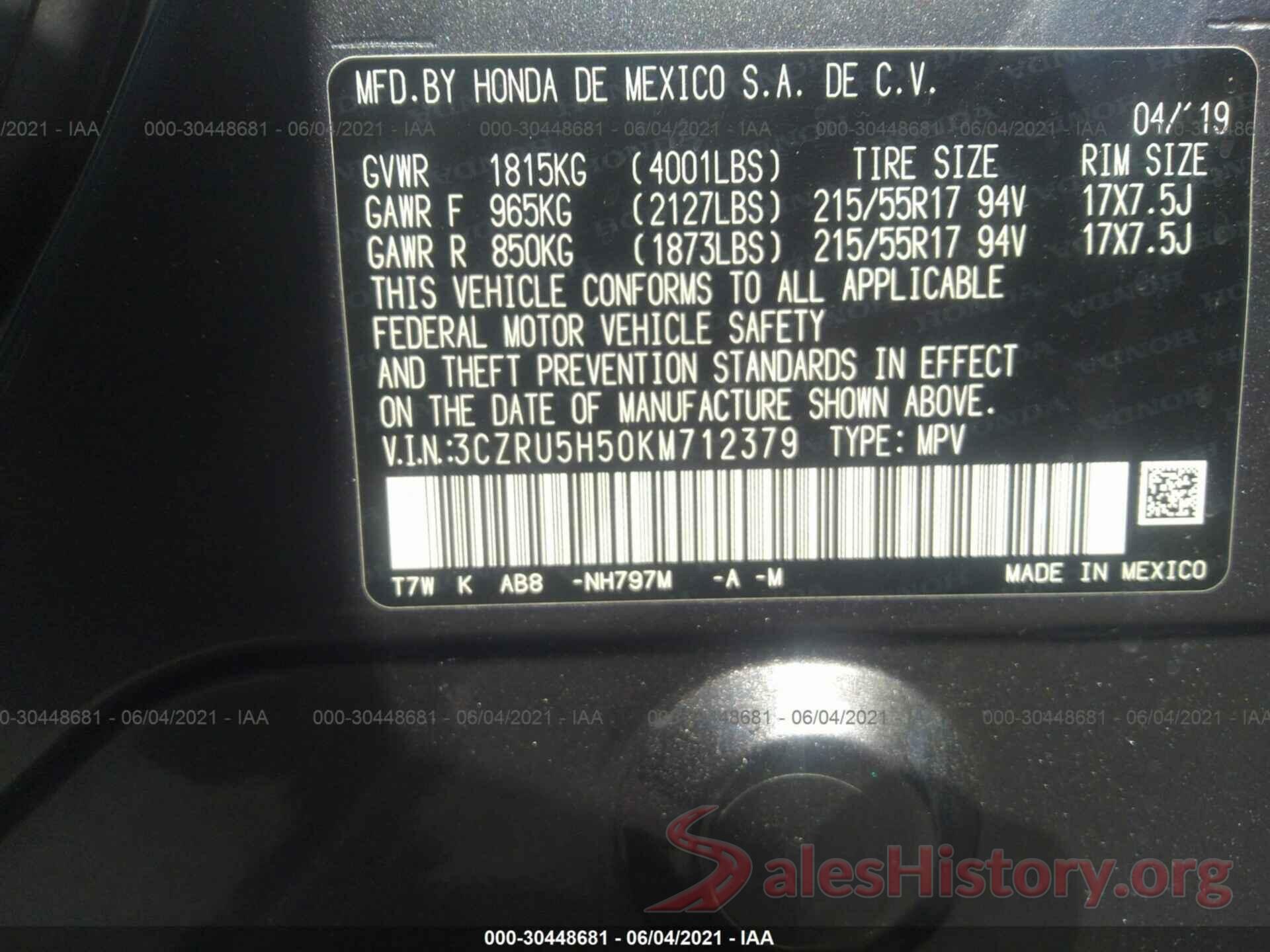 3CZRU5H50KM712379 2019 HONDA HR-V