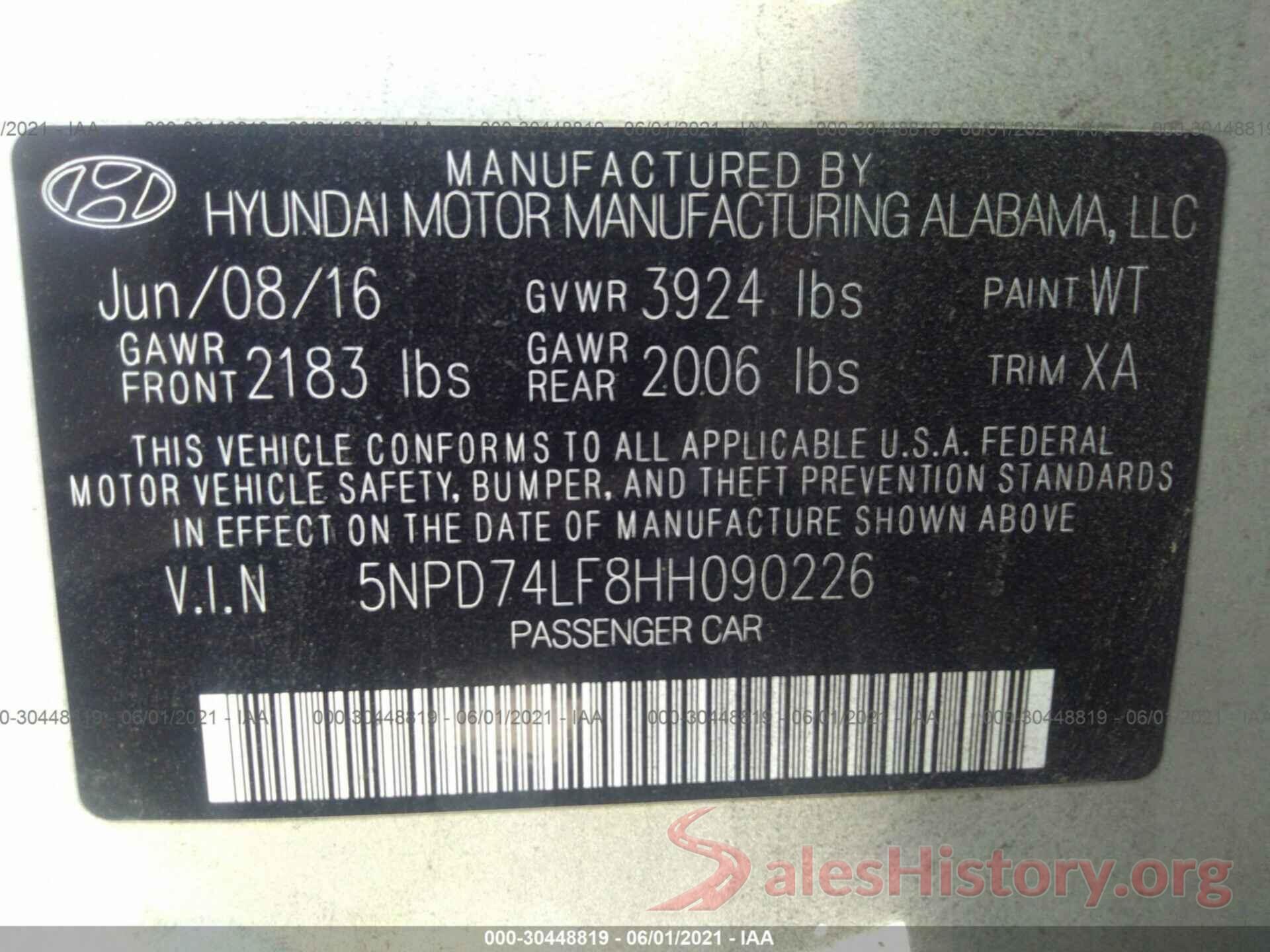 5NPD74LF8HH090226 2017 HYUNDAI ELANTRA